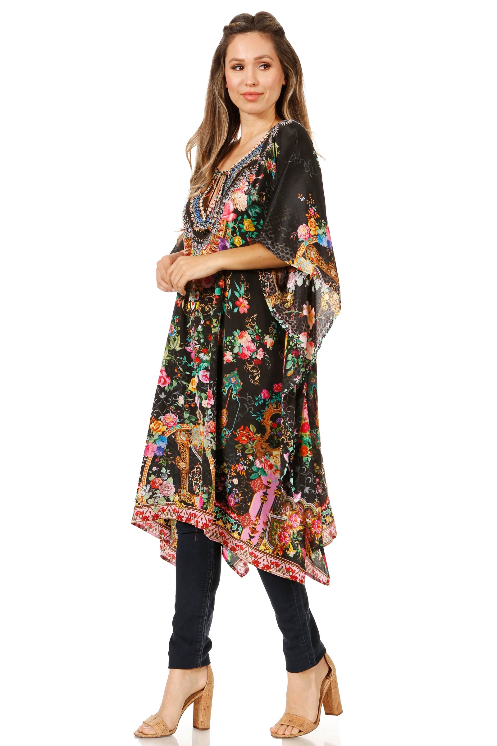 Sakkas Jenni Vestido caftán bohemio de longitud media para mujer con diamantes de imitación fluidos