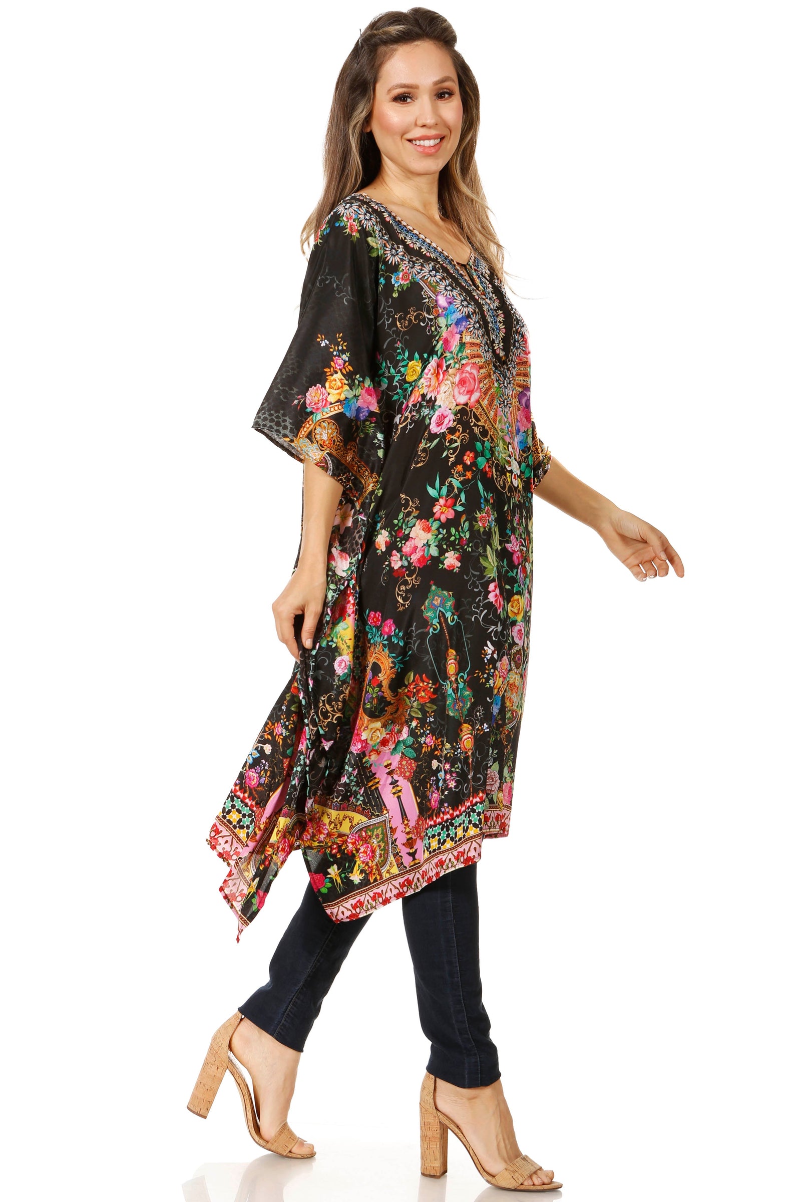 Sakkas Jenni Vestido caftán bohemio de longitud media para mujer con diamantes de imitación fluidos