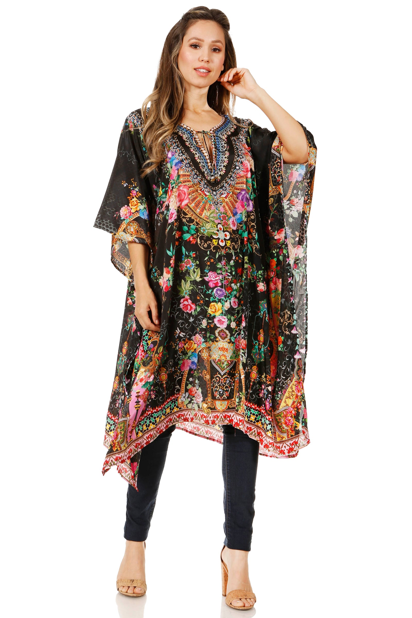 Sakkas Jenni Vestido caftán bohemio de longitud media para mujer con diamantes de imitación fluidos