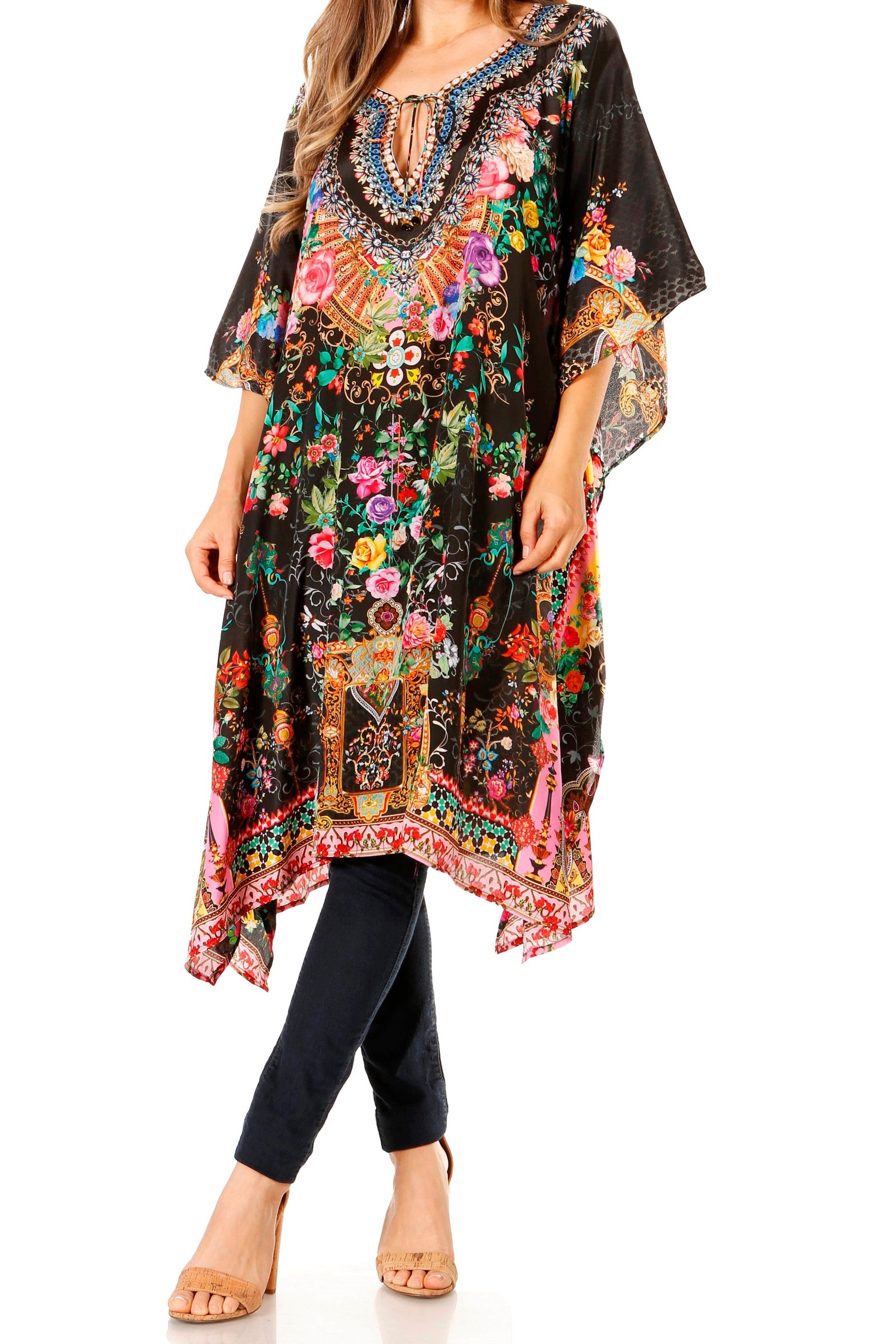 Sakkas Jenni Vestido caftán bohemio de longitud media para mujer con diamantes de imitación fluidos