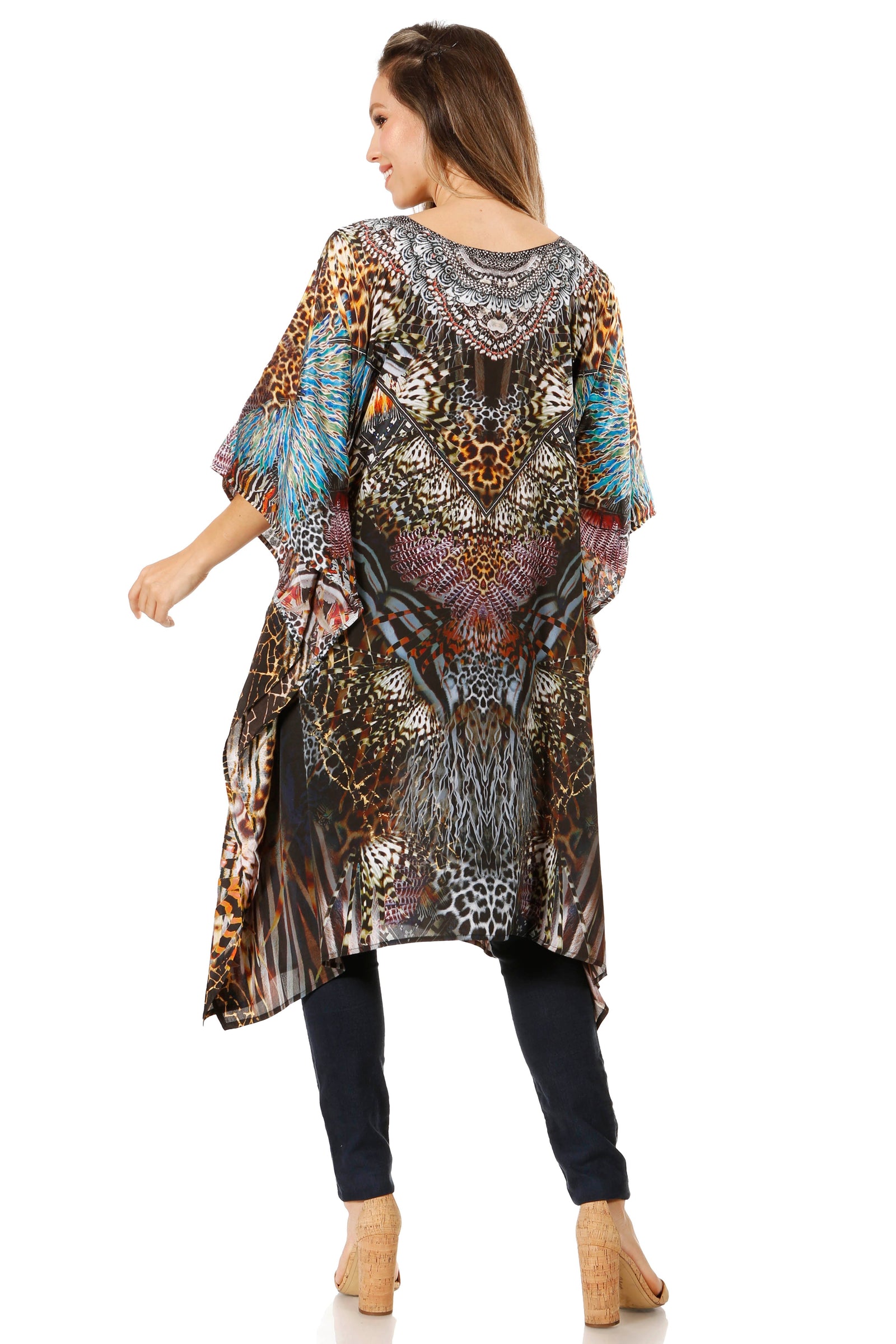 Sakkas Jenni Vestido caftán bohemio de longitud media para mujer con diamantes de imitación fluidos