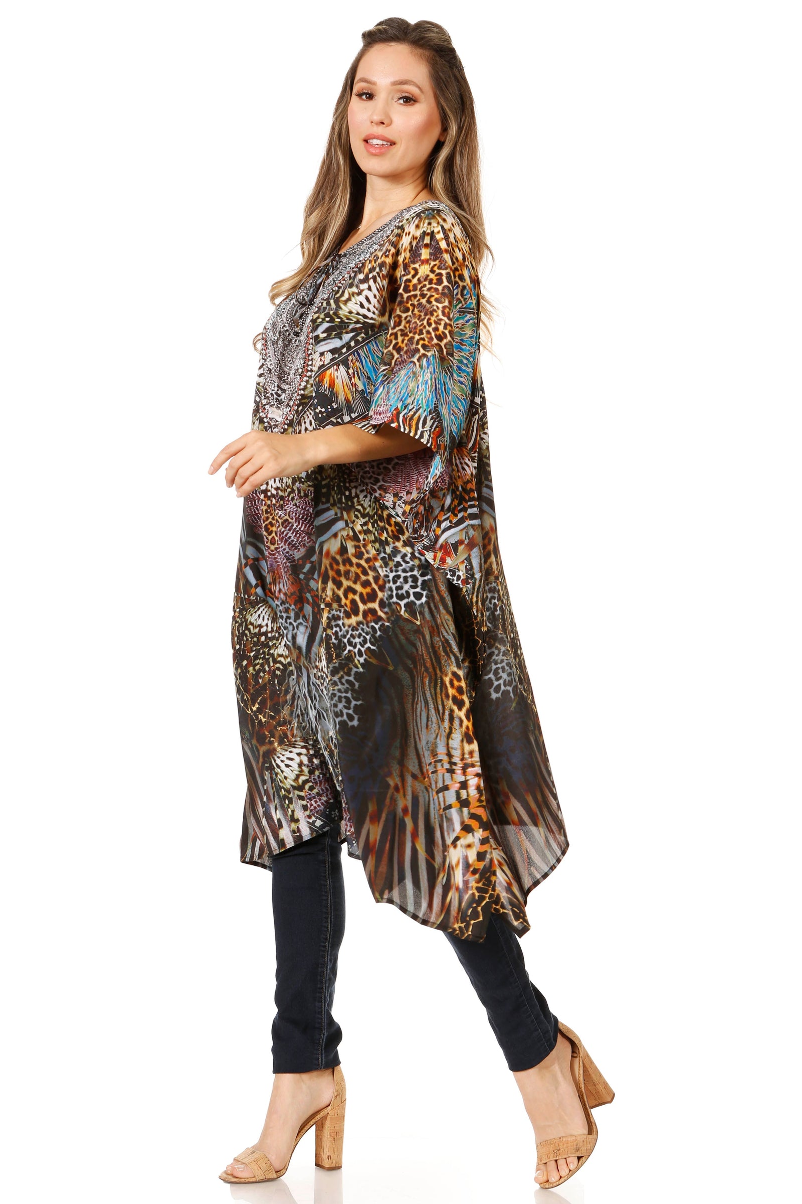 Sakkas Jenni Vestido caftán bohemio de longitud media para mujer con diamantes de imitación fluidos