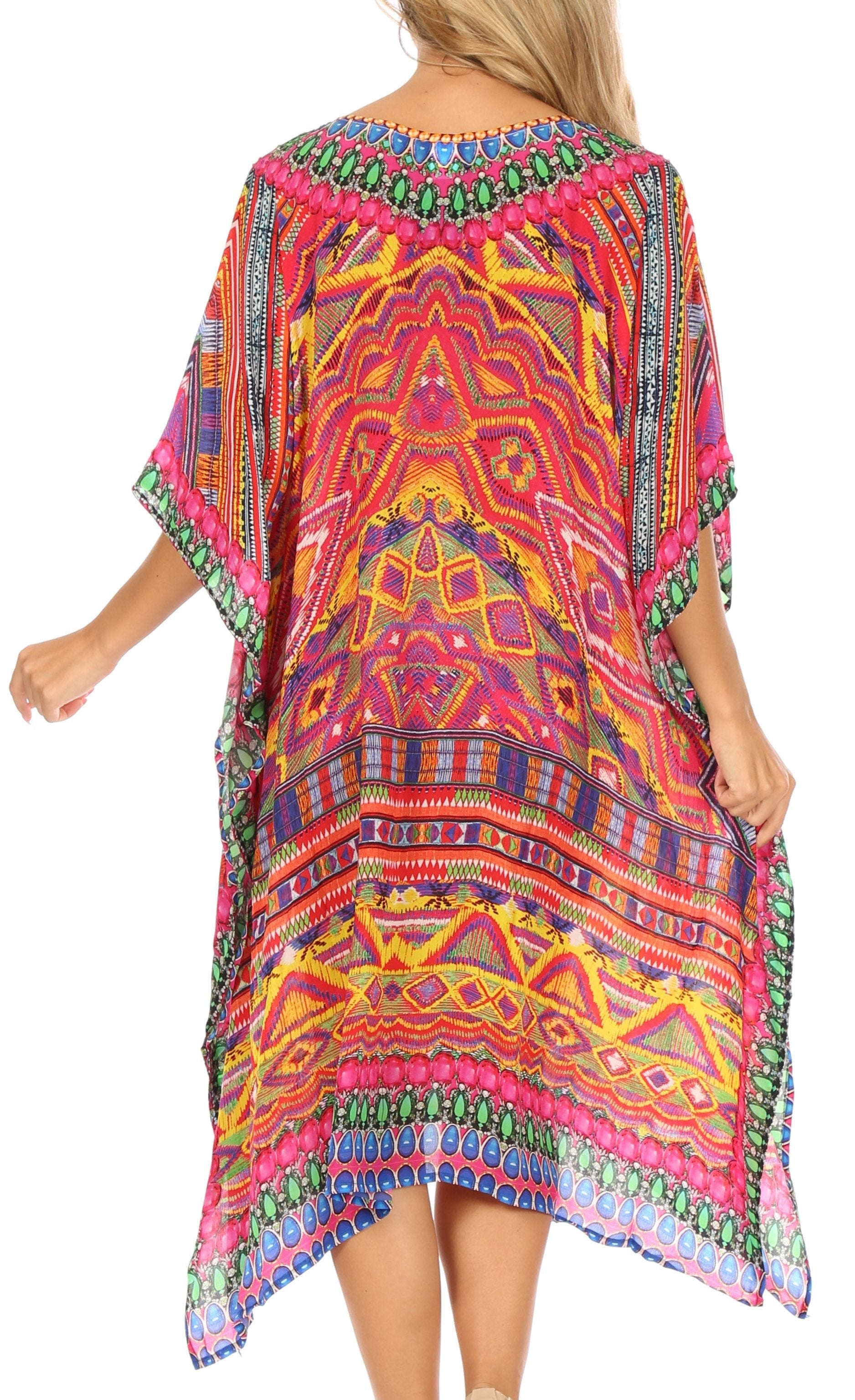 Sakkas Jenni Vestido caftán bohemio de longitud media para mujer con diamantes de imitación fluidos