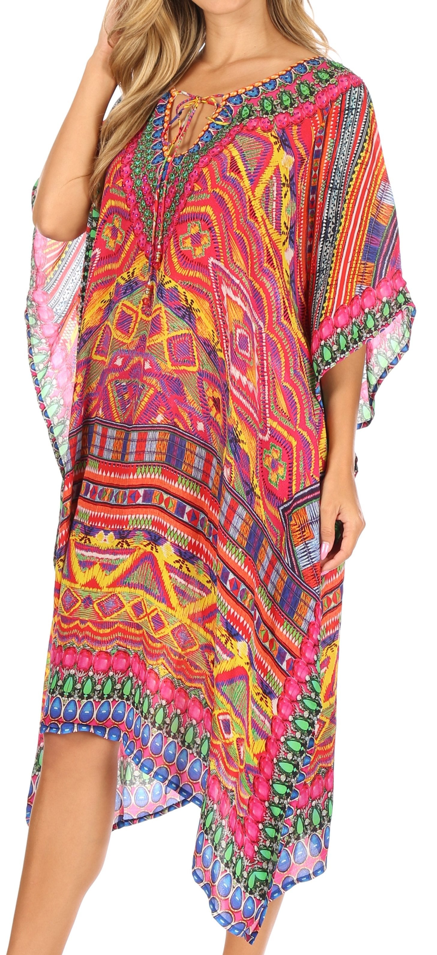 Sakkas Jenni Vestido caftán bohemio de longitud media para mujer con diamantes de imitación fluidos