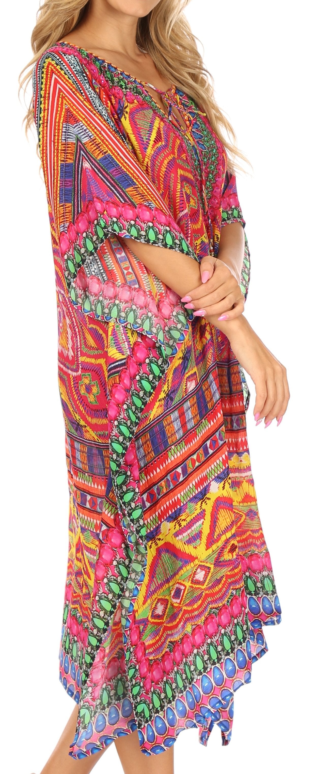 Sakkas Jenni Vestido caftán bohemio de longitud media para mujer con diamantes de imitación fluidos