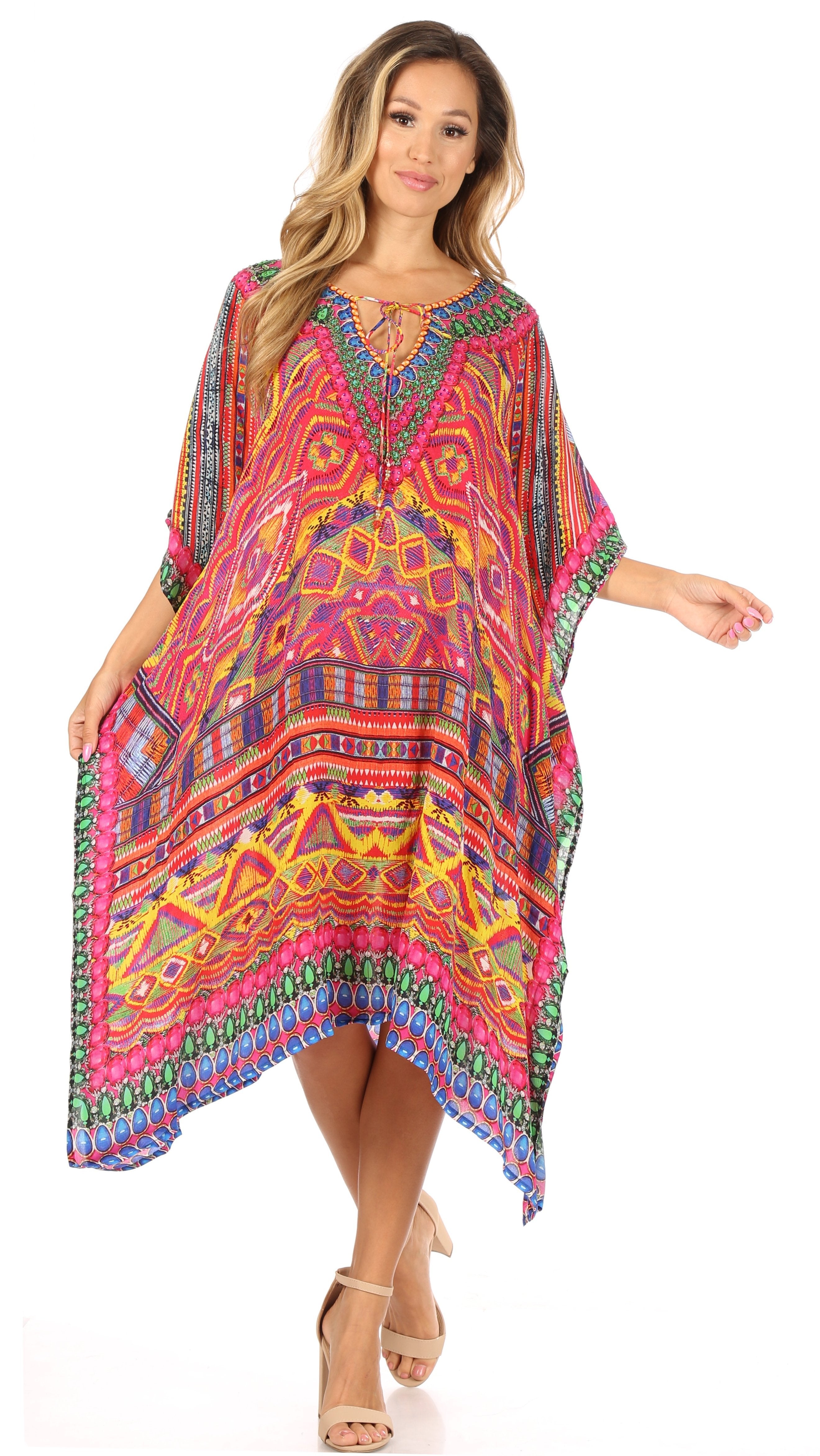 Sakkas Jenni Vestido caftán bohemio de longitud media para mujer con diamantes de imitación fluidos