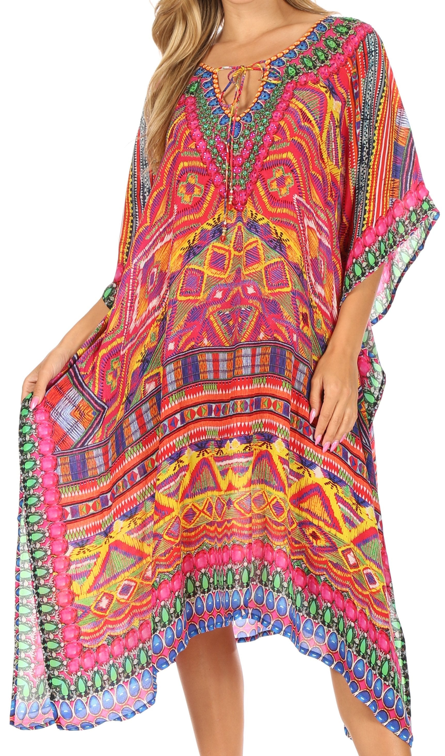Sakkas Jenni Vestido caftán bohemio de longitud media para mujer con diamantes de imitación fluidos