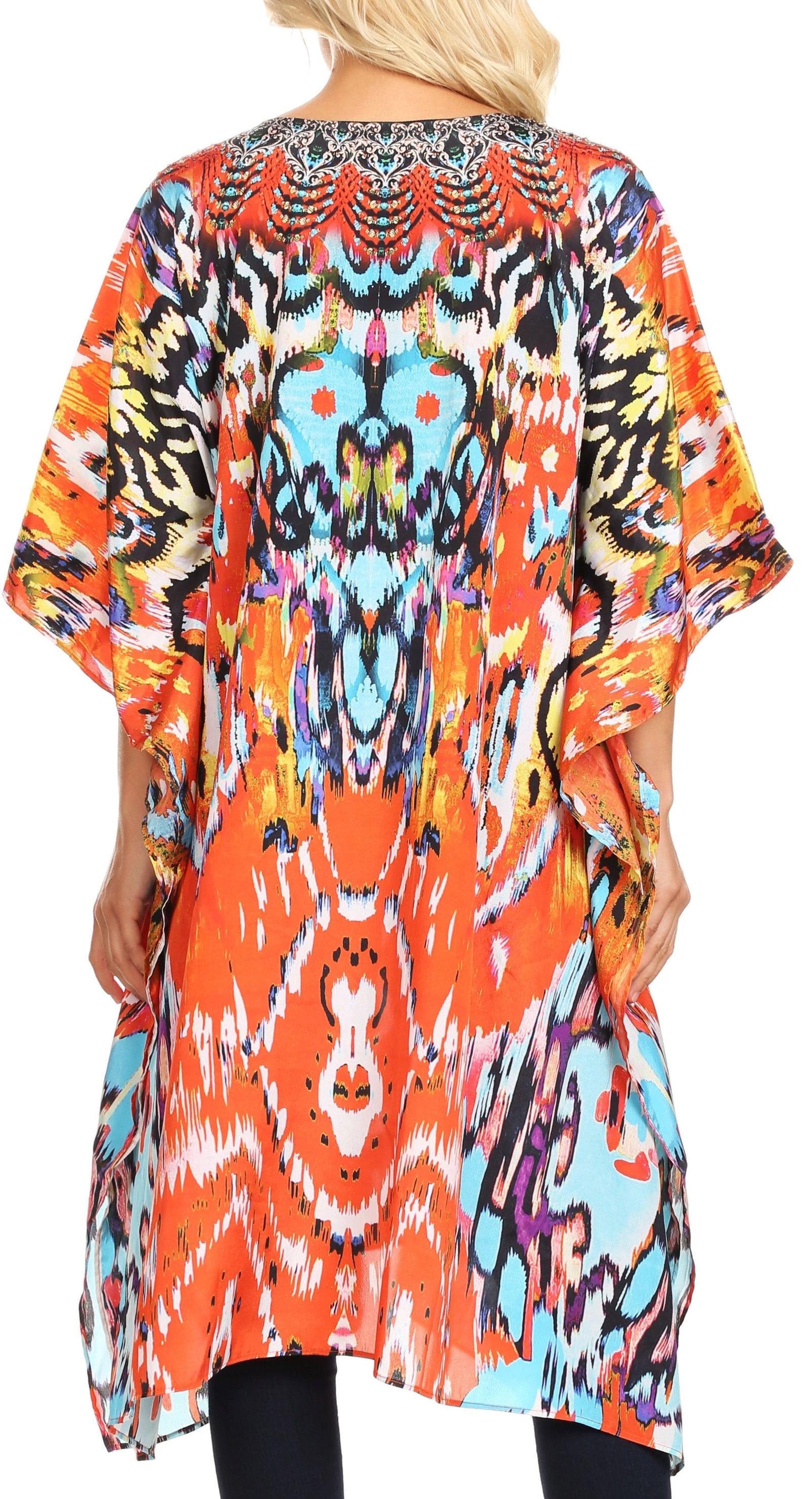 Sakkas Jenni Vestido caftán bohemio de longitud media para mujer con diamantes de imitación fluidos