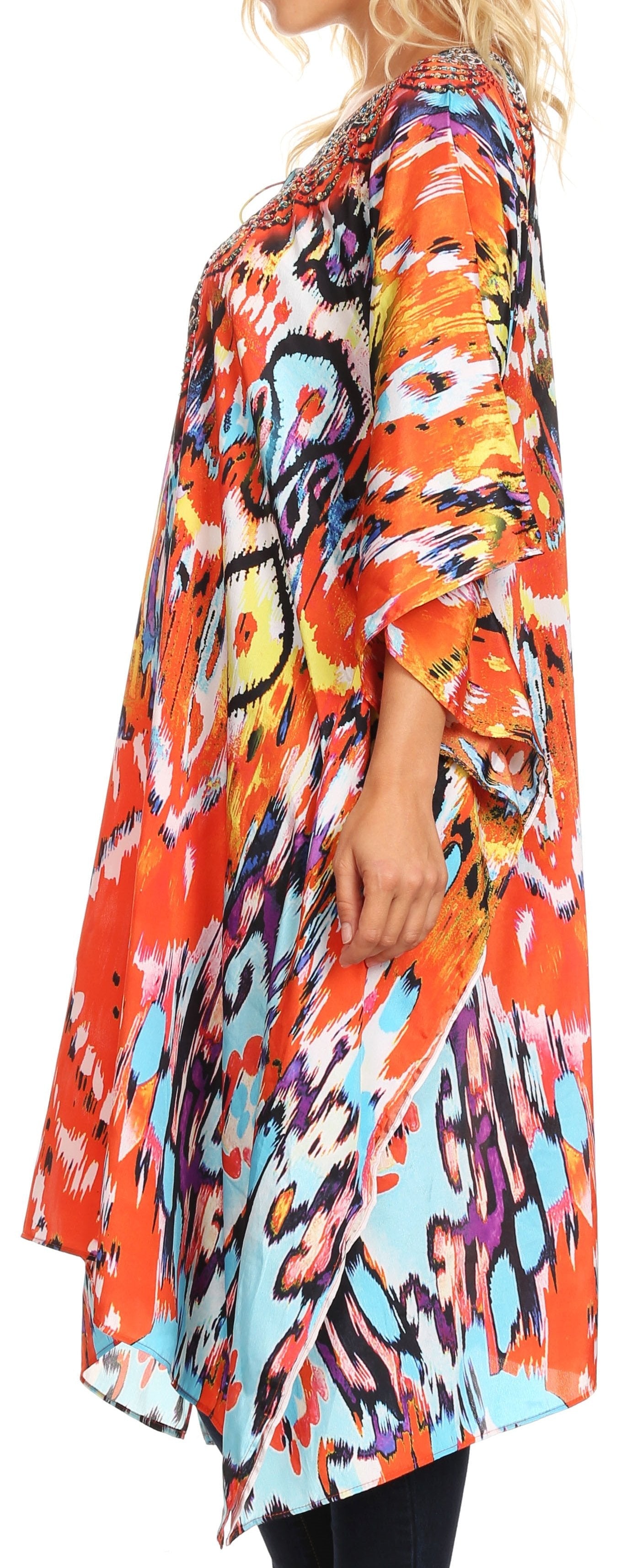 Sakkas Jenni Vestido caftán bohemio de longitud media para mujer con diamantes de imitación fluidos