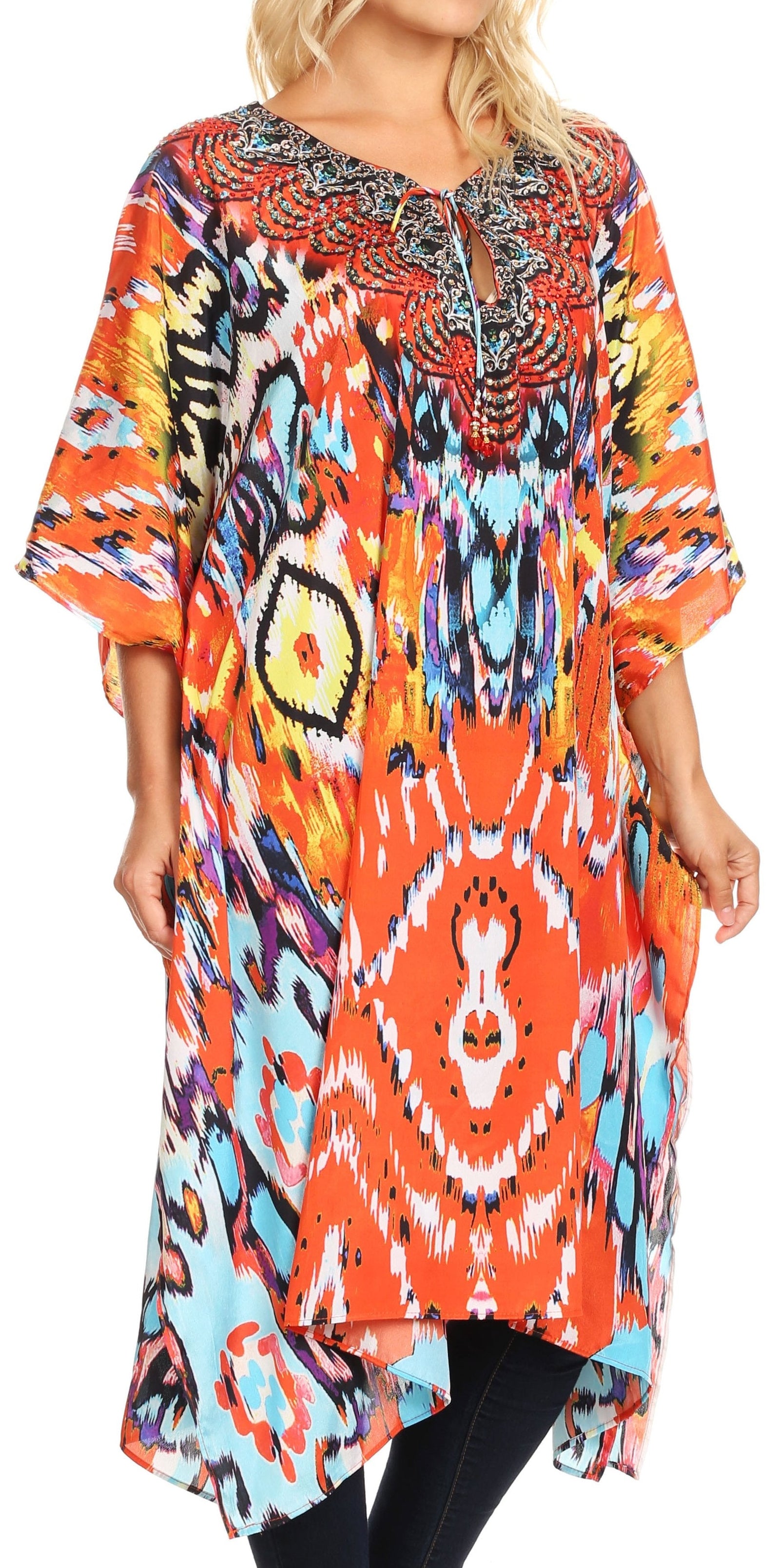 Sakkas Jenni Vestido caftán bohemio de longitud media para mujer con diamantes de imitación fluidos