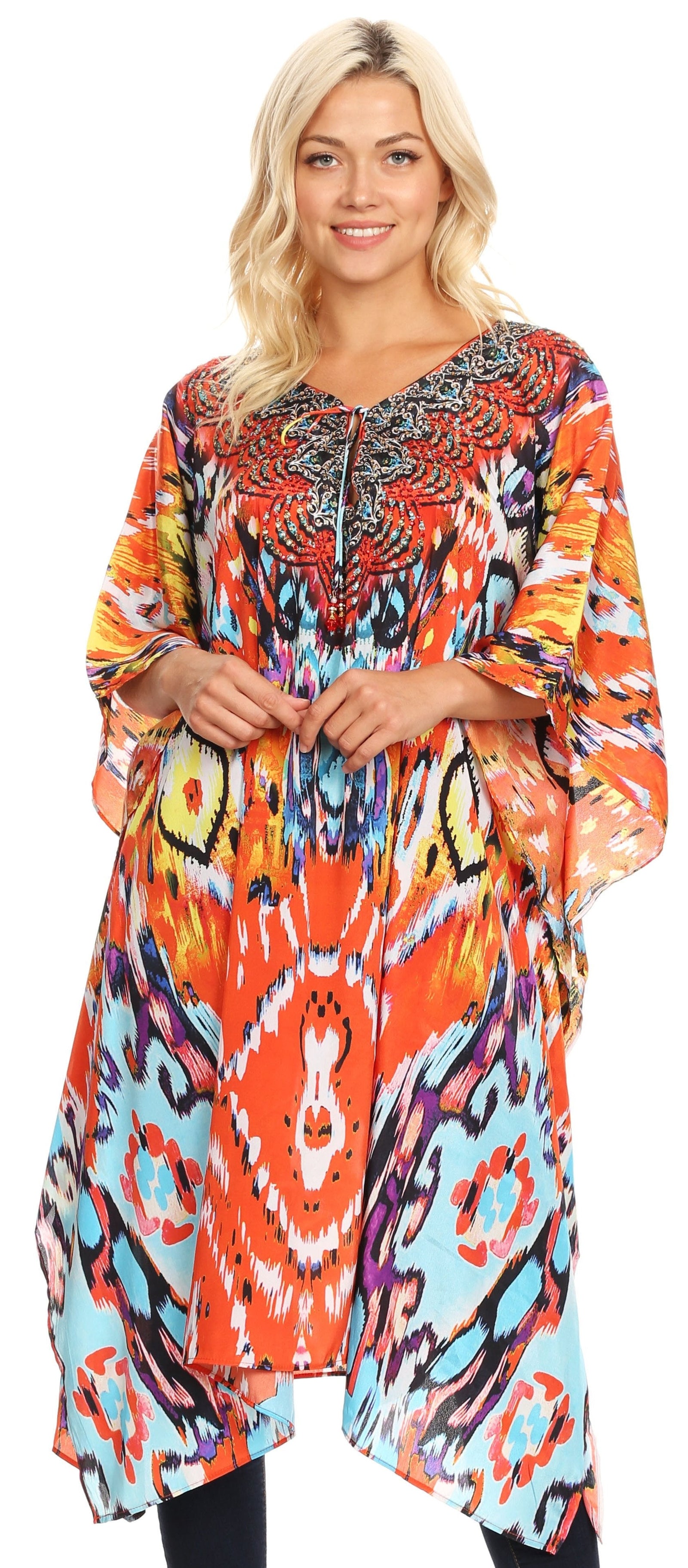 Sakkas Jenni Vestido caftán bohemio de longitud media para mujer con diamantes de imitación fluidos