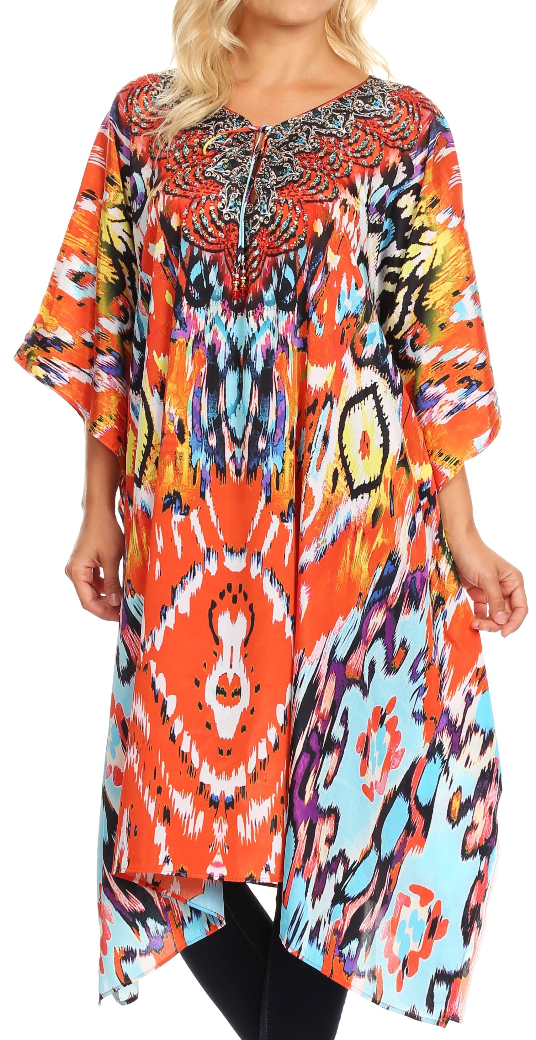 Sakkas Jenni Vestido caftán bohemio de longitud media para mujer con diamantes de imitación fluidos