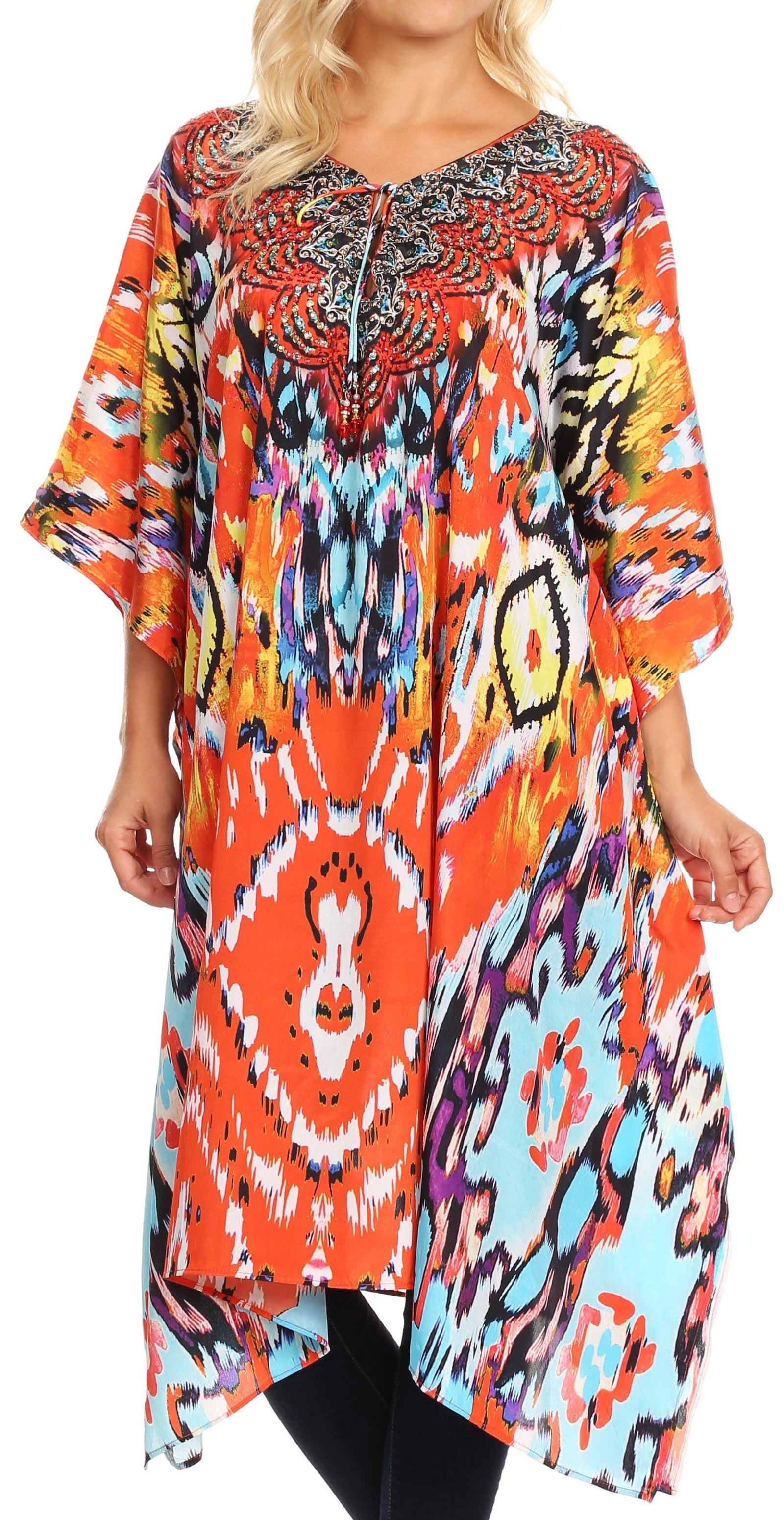 Sakkas Jenni Vestido caftán bohemio de longitud media para mujer con diamantes de imitación fluidos