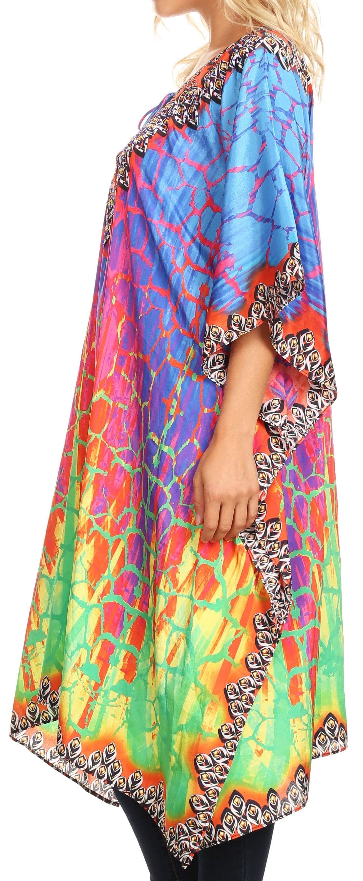 Sakkas Jenni Vestido caftán bohemio de longitud media para mujer con diamantes de imitación fluidos