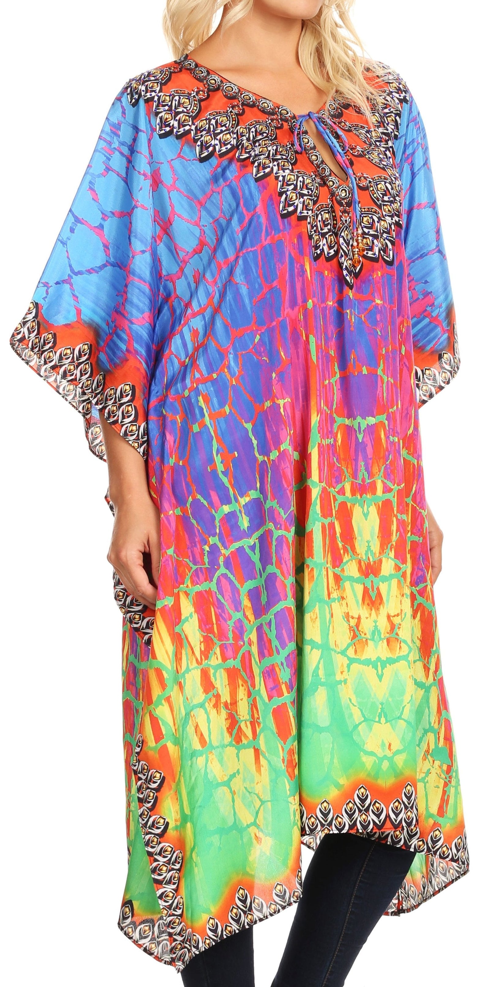 Sakkas Jenni Vestido caftán bohemio de longitud media para mujer con diamantes de imitación fluidos