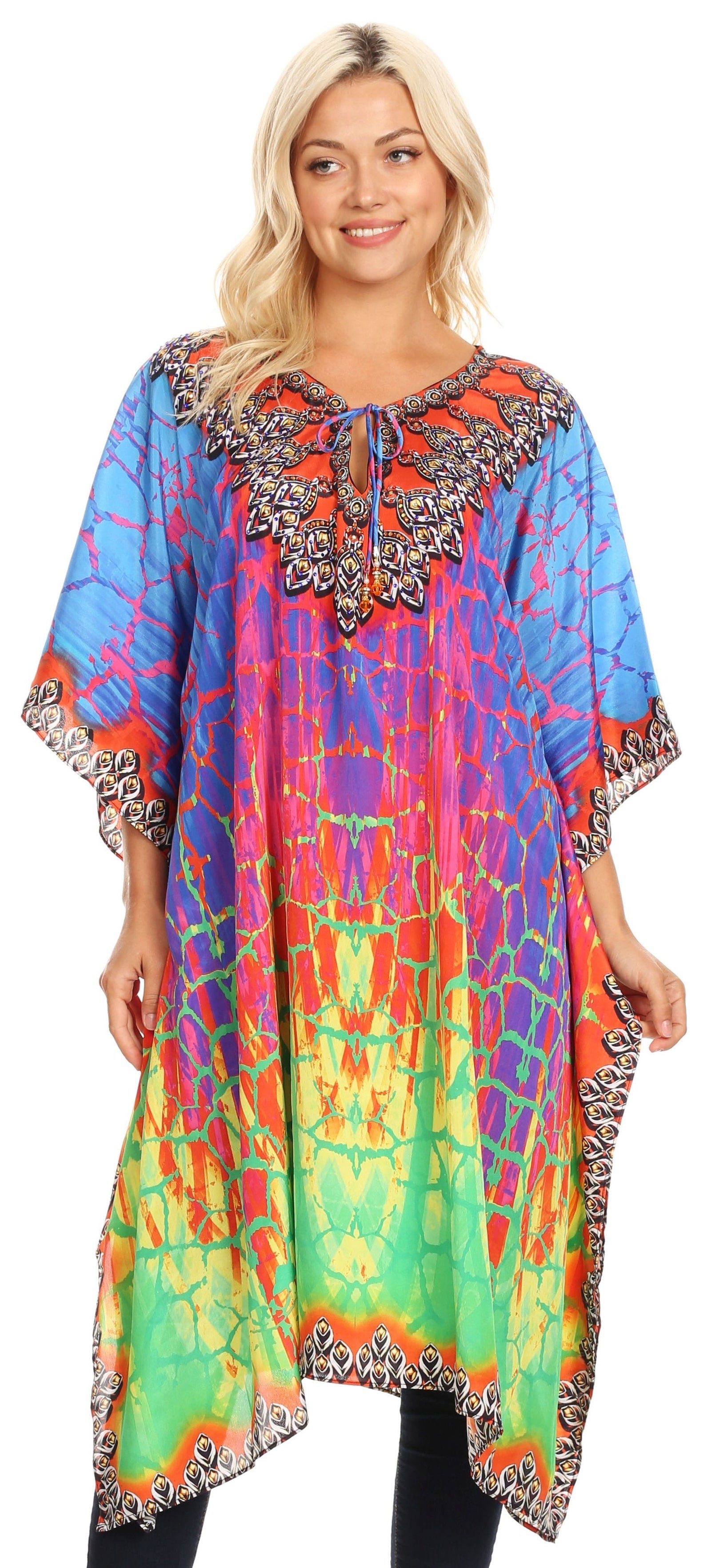 Sakkas Jenni Vestido caftán bohemio de longitud media para mujer con diamantes de imitación fluidos