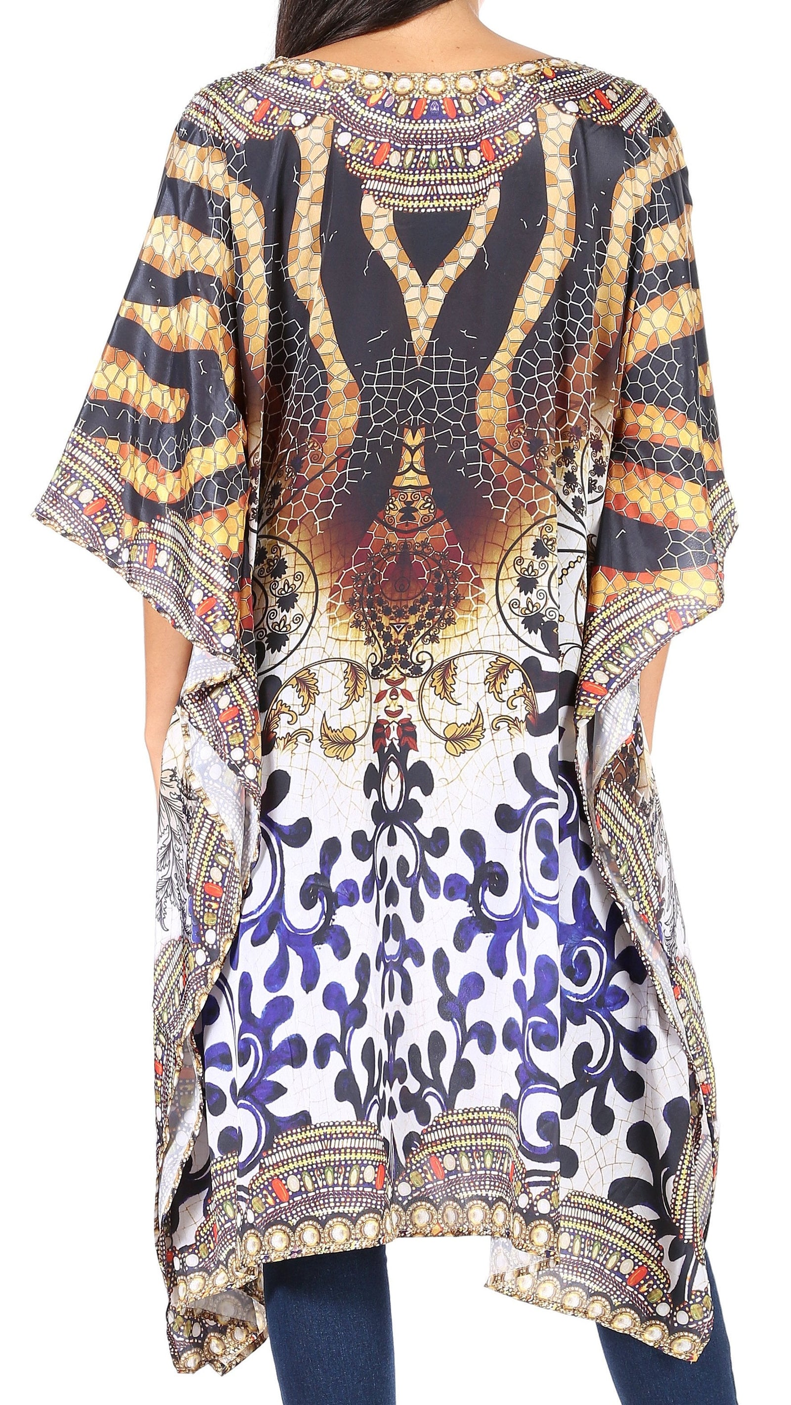 Sakkas Jenni Vestido caftán bohemio de longitud media para mujer con diamantes de imitación fluidos