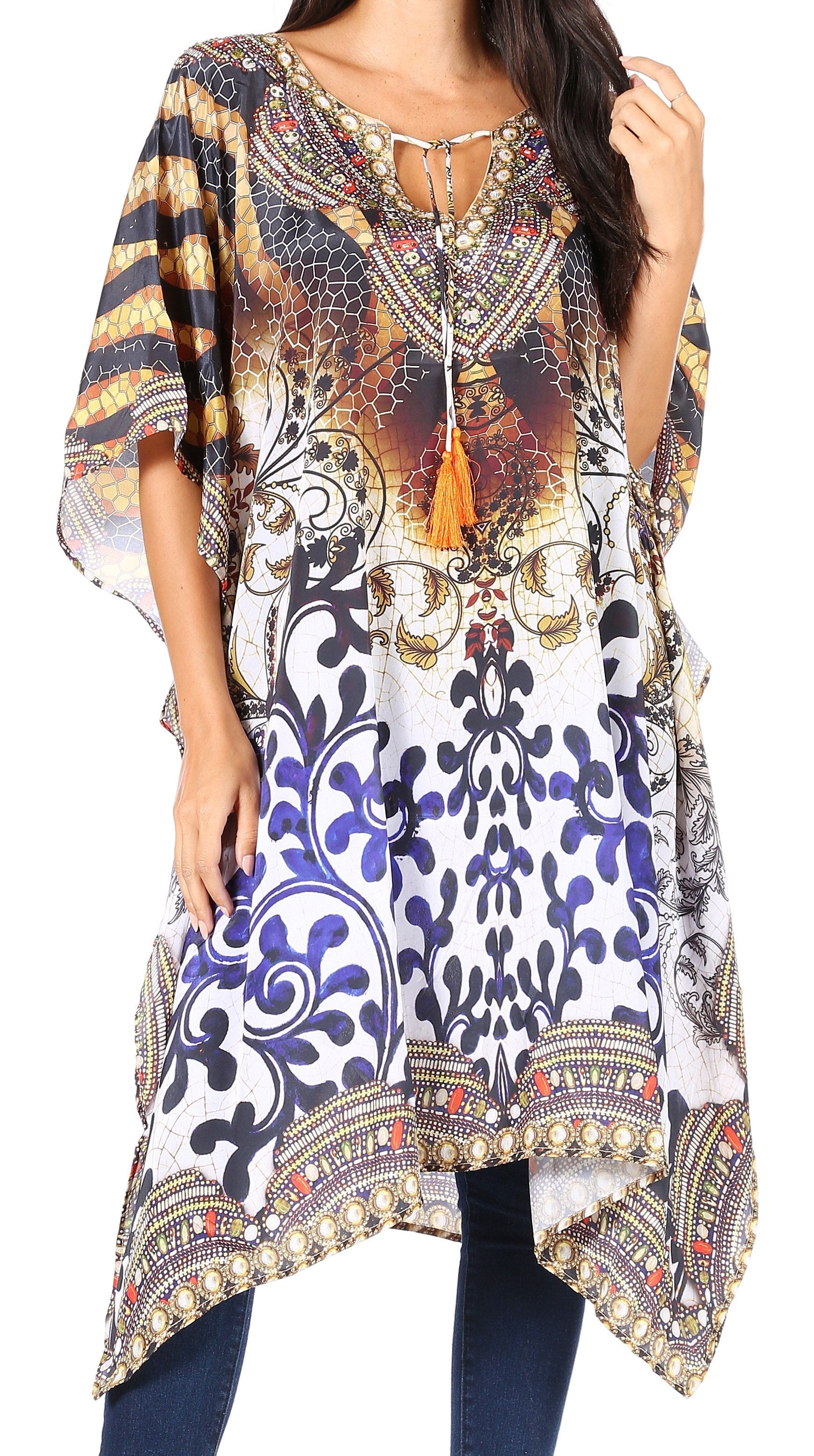Sakkas Jenni Vestido caftán bohemio de longitud media para mujer con diamantes de imitación fluidos