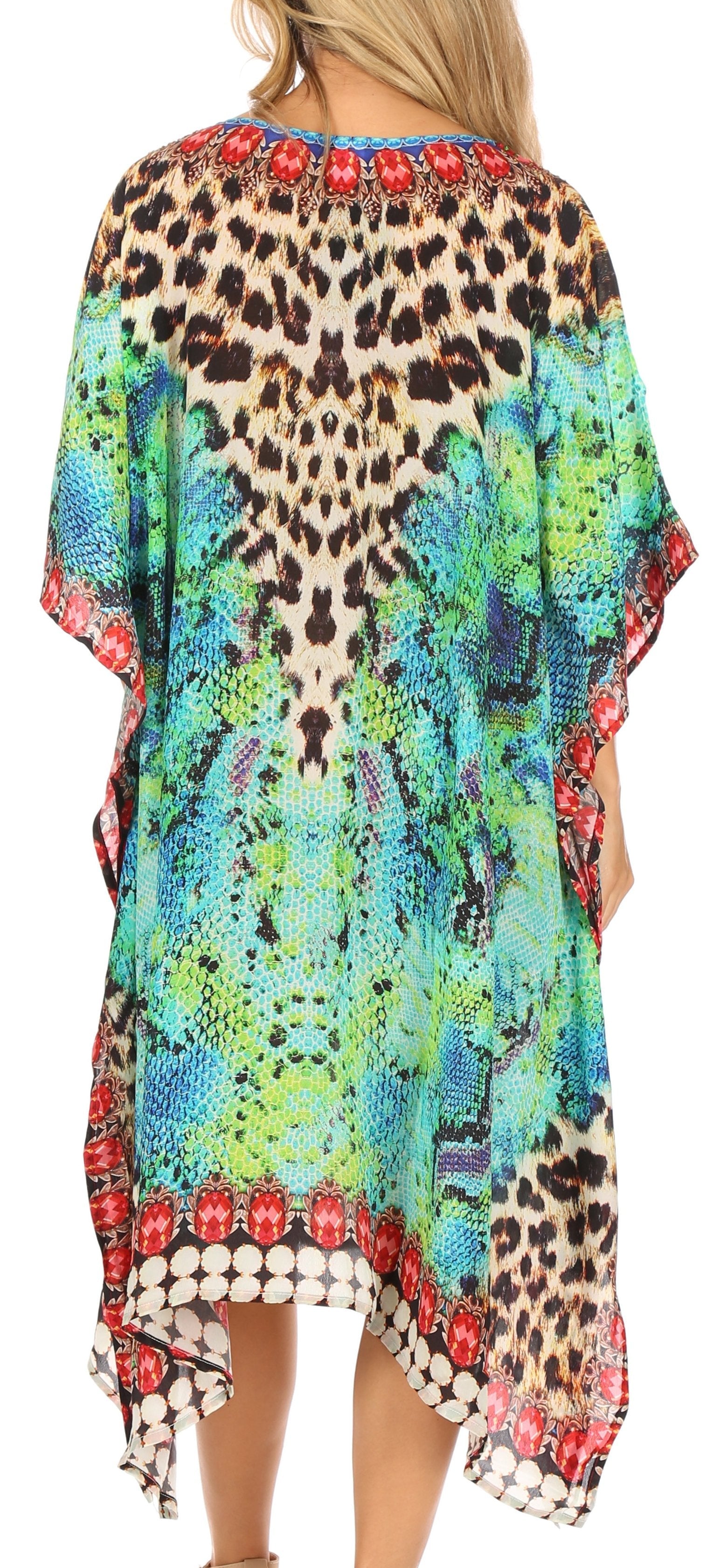 Sakkas Jenni Vestido caftán bohemio de longitud media para mujer con diamantes de imitación fluidos