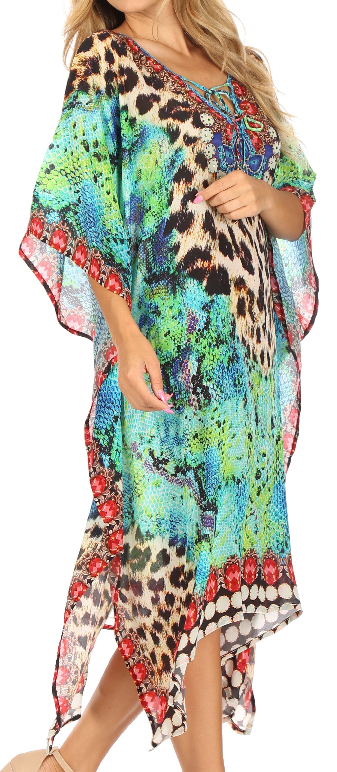 Sakkas Jenni Vestido caftán bohemio de longitud media para mujer con diamantes de imitación fluidos