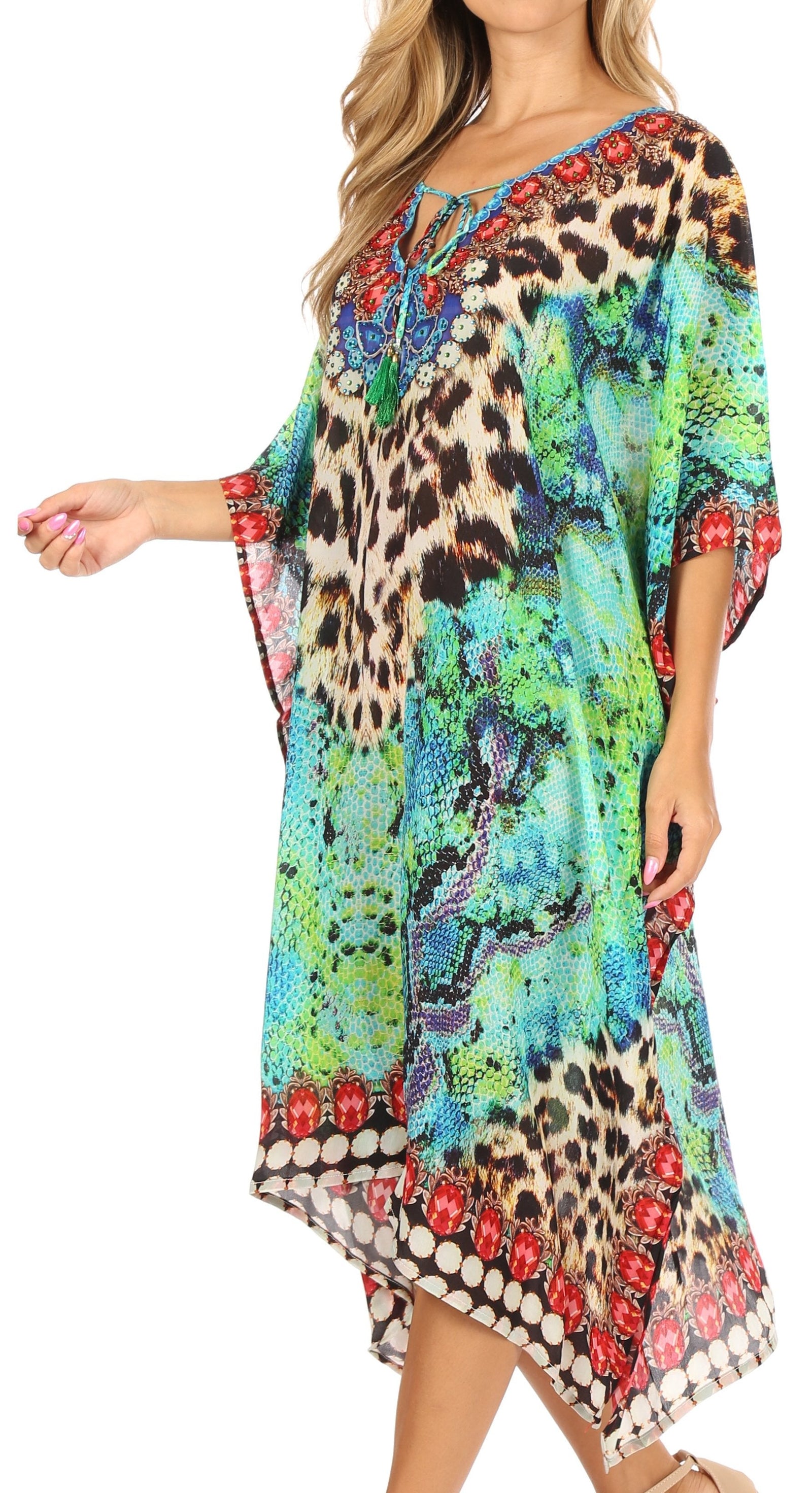 Sakkas Jenni Vestido caftán bohemio de longitud media para mujer con diamantes de imitación fluidos