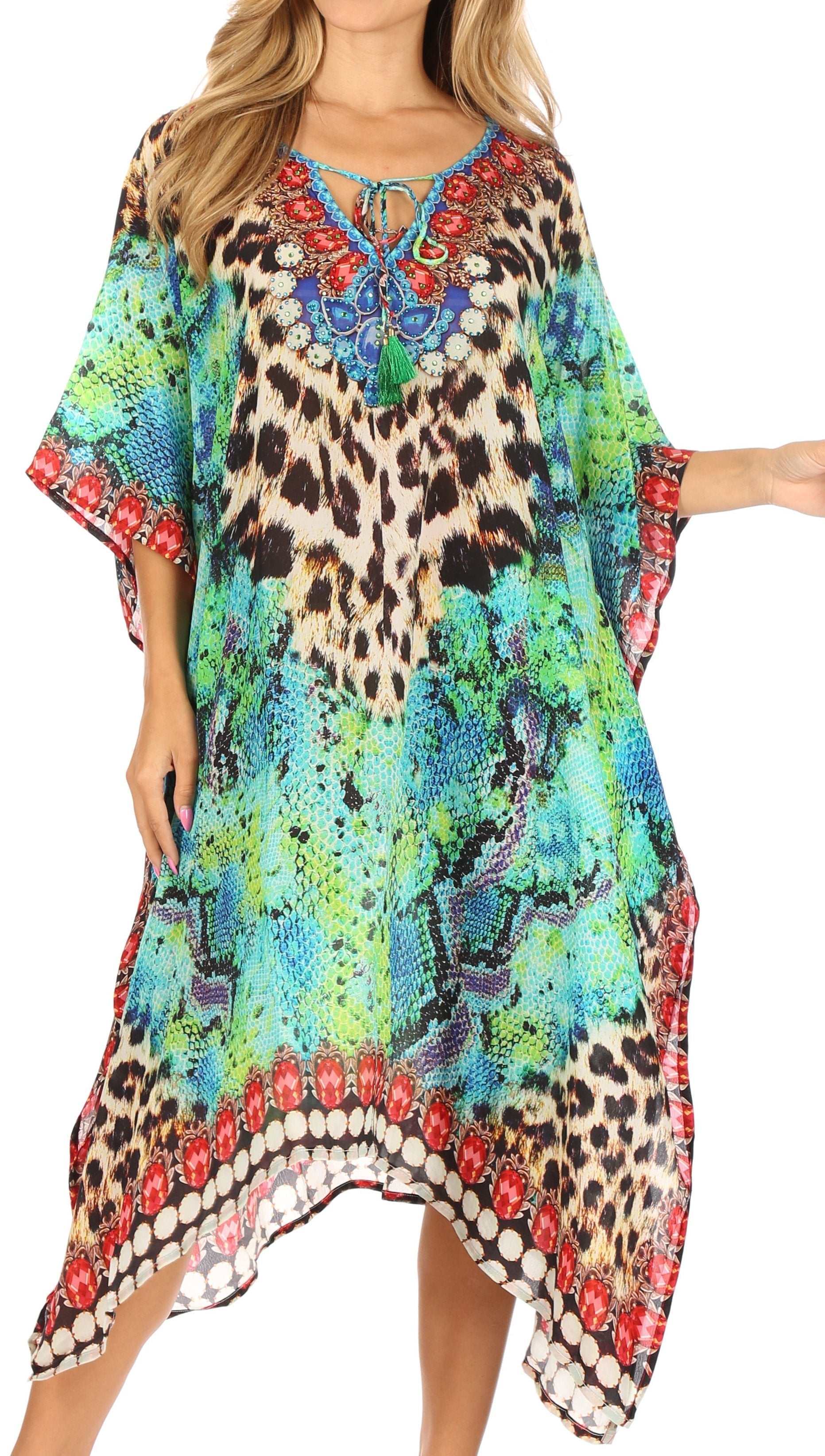 Sakkas Jenni Vestido caftán bohemio de longitud media para mujer con diamantes de imitación fluidos