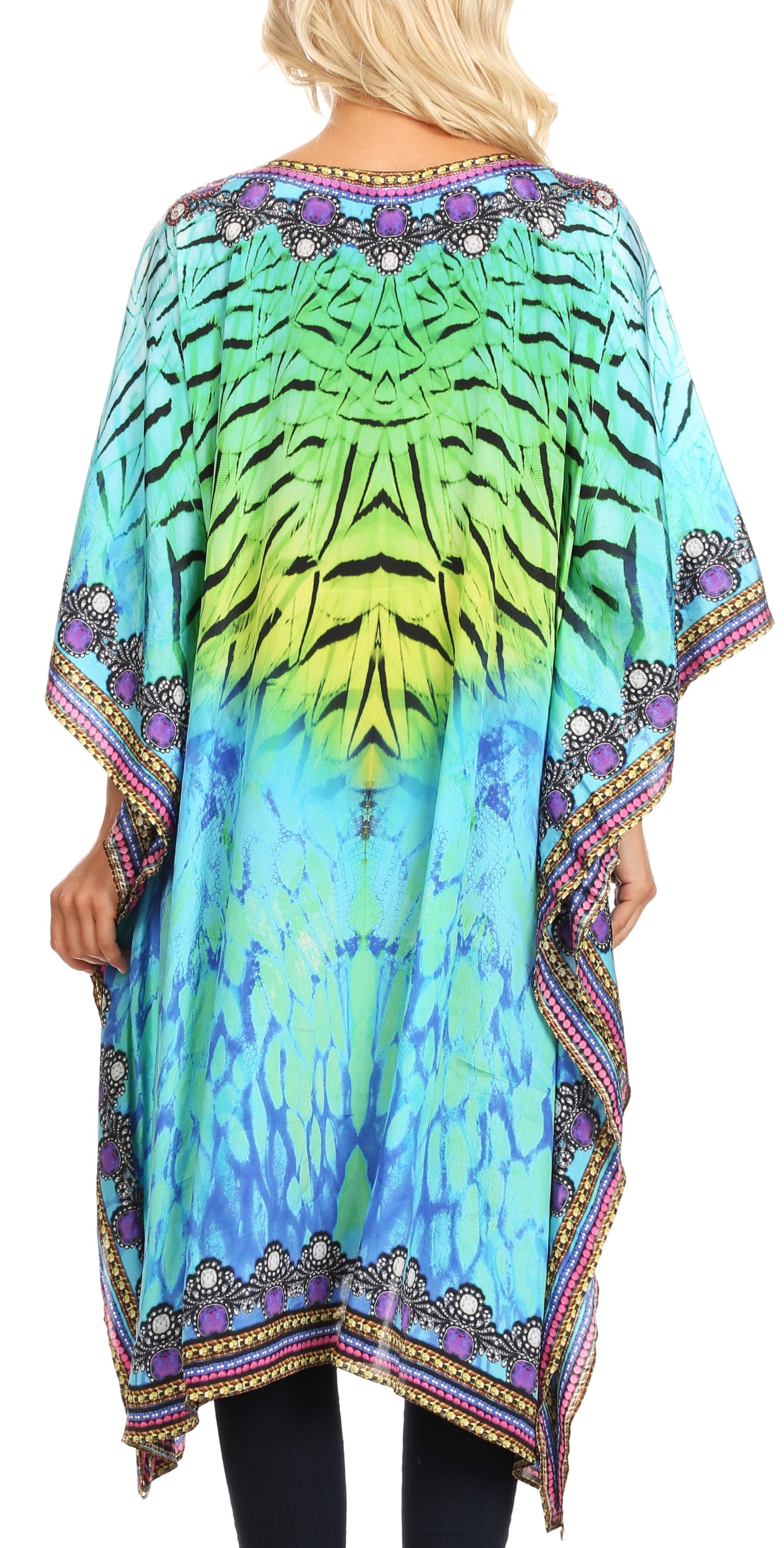Sakkas Jenni Vestido caftán bohemio de longitud media para mujer con diamantes de imitación fluidos