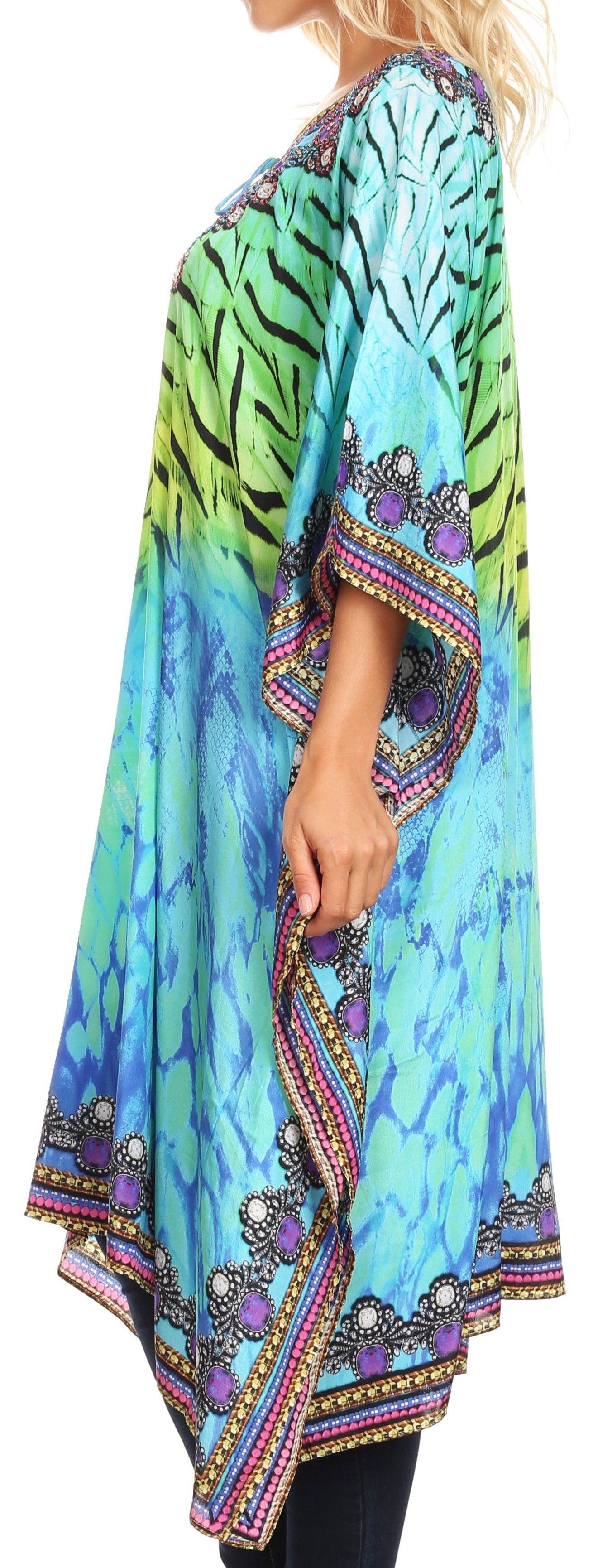 Sakkas Jenni Vestido caftán bohemio de longitud media para mujer con diamantes de imitación fluidos