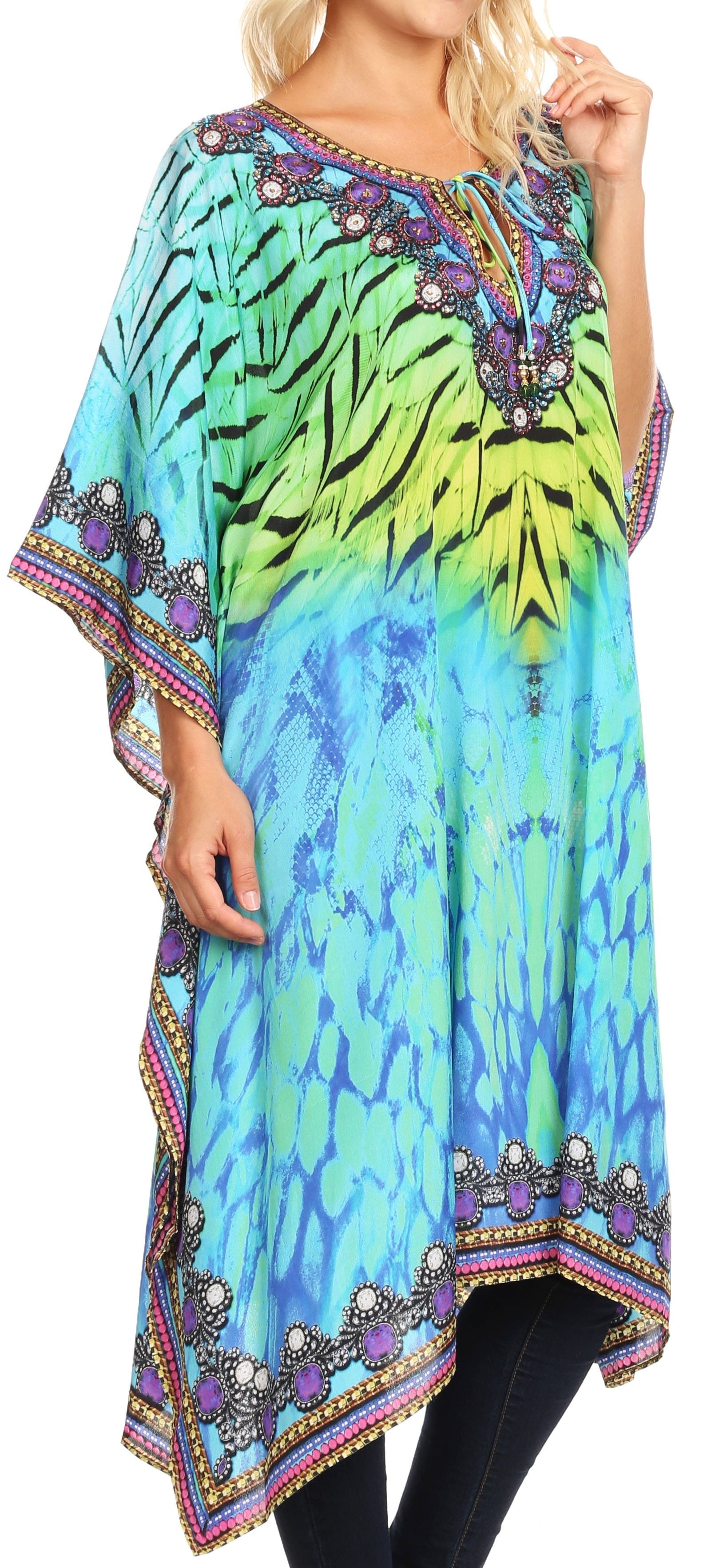 Sakkas Jenni Vestido caftán bohemio de longitud media para mujer con diamantes de imitación fluidos
