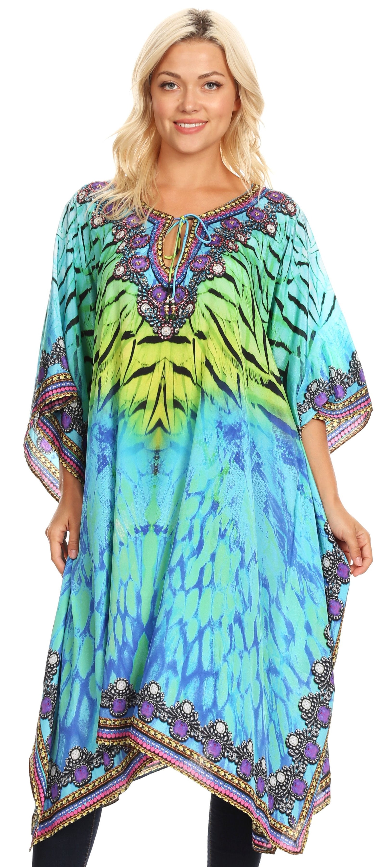 Sakkas Jenni Vestido caftán bohemio de longitud media para mujer con diamantes de imitación fluidos