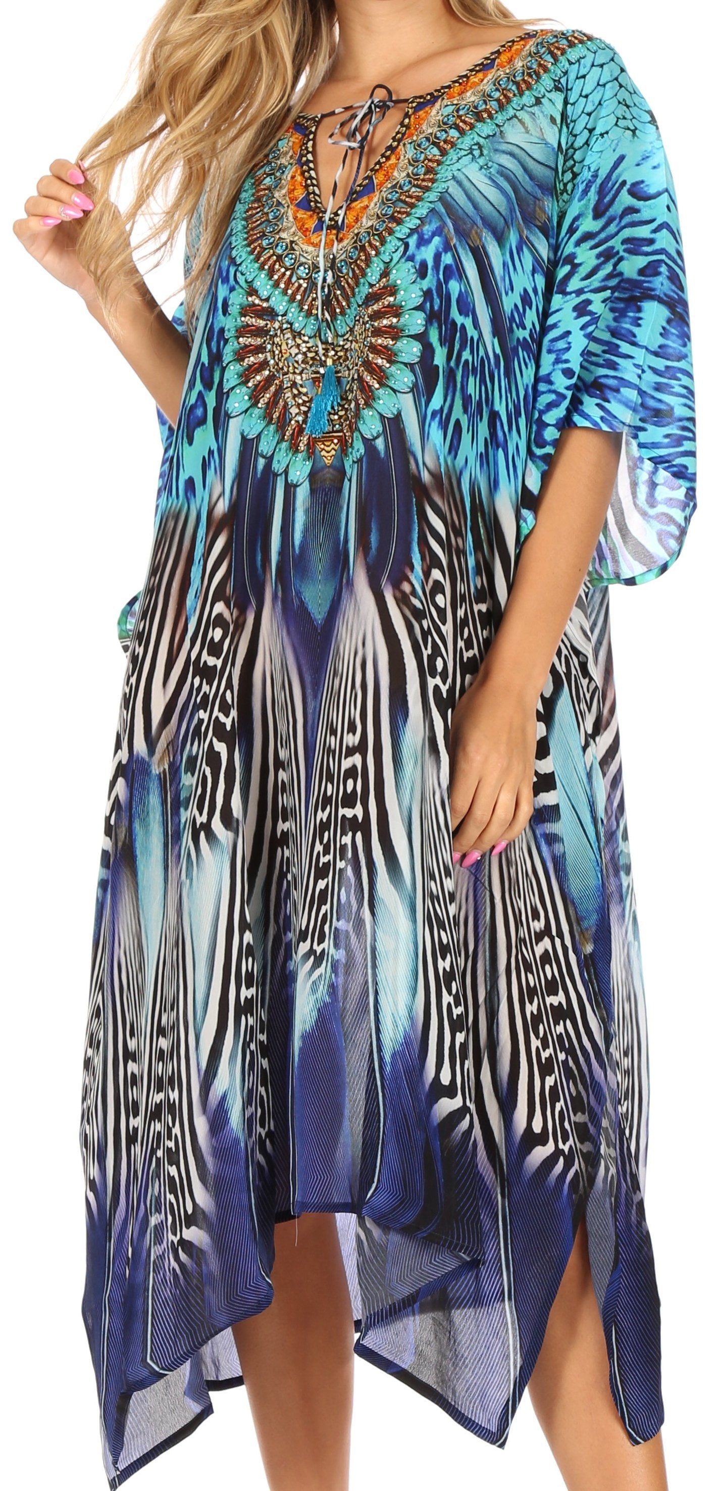Sakkas Jenni Vestido caftán bohemio de longitud media para mujer con diamantes de imitación fluidos