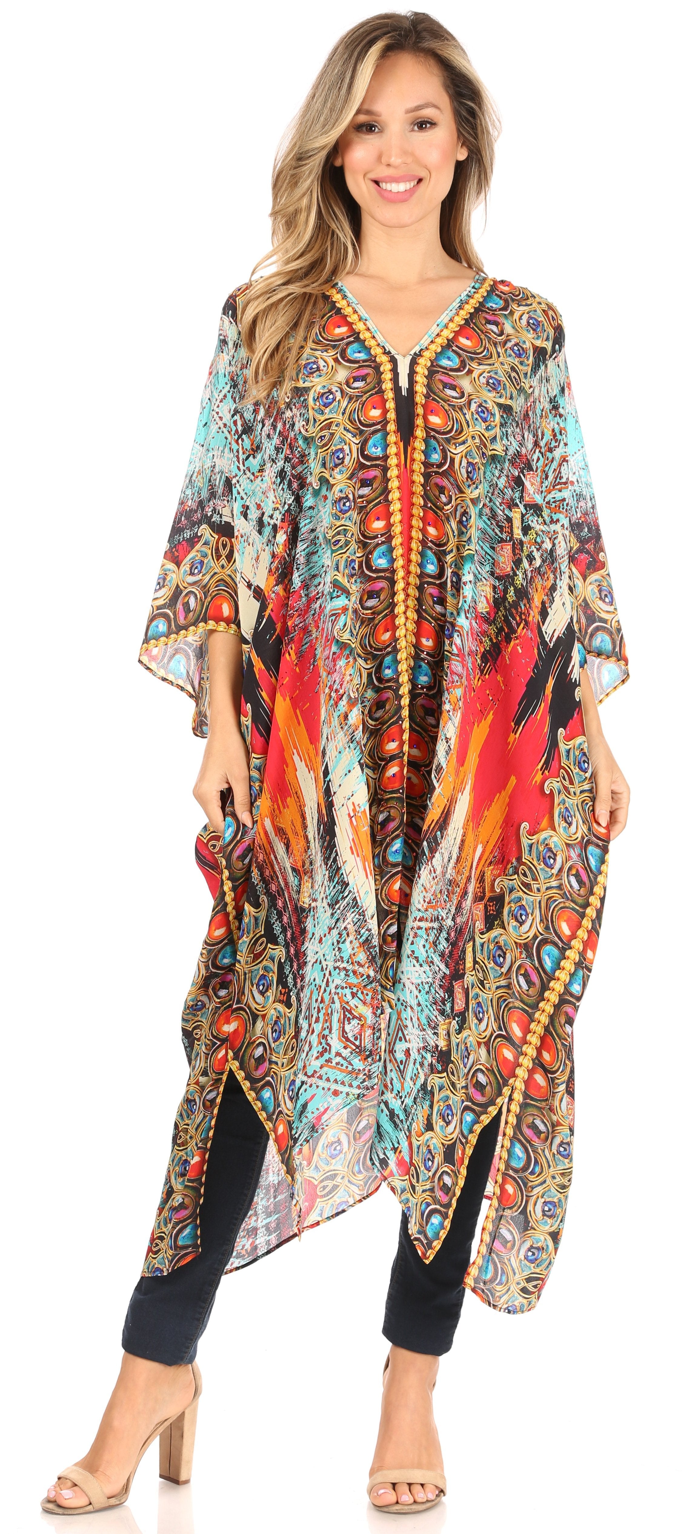 Vestido caftán playero con escote en V para mujer de Sakkas Alvita con pedrería 