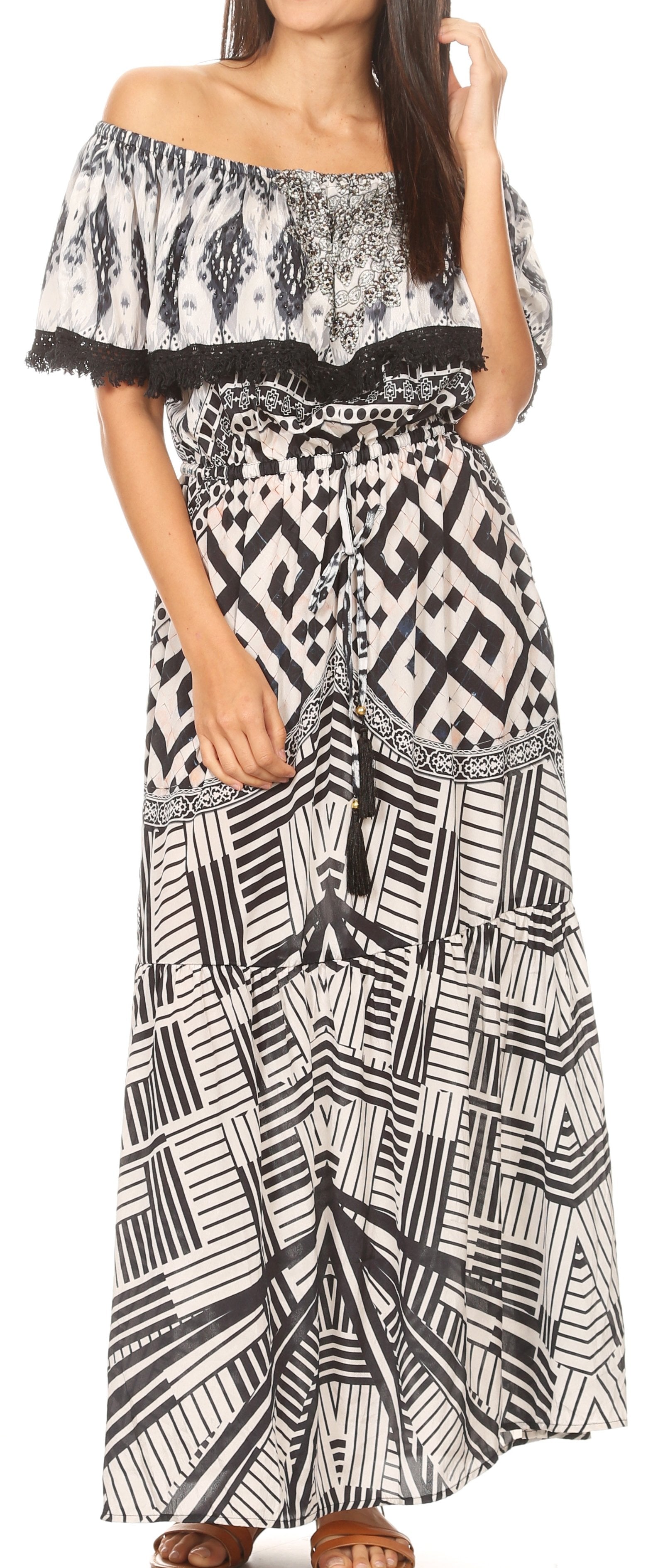 Vestido largo bohemio con hombros descubiertos y estampado floral para mujer de Sakkas Tara