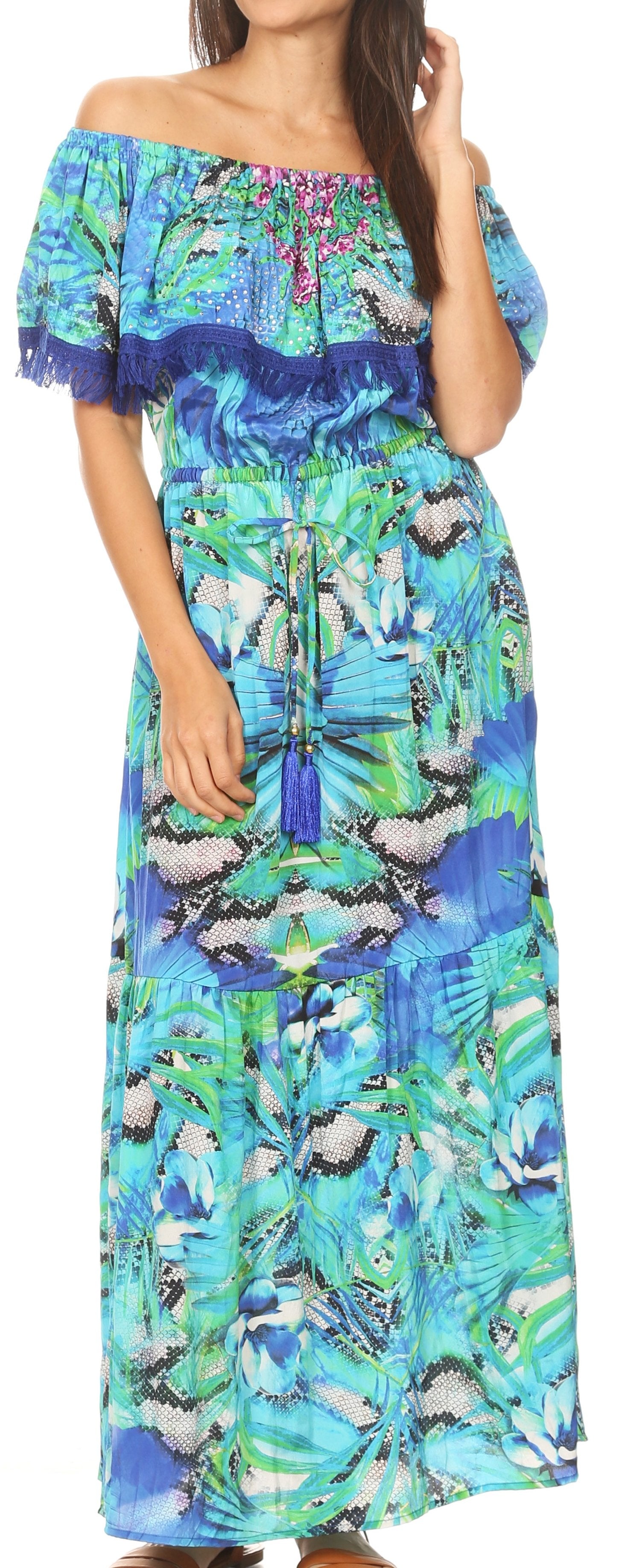 Vestido largo bohemio con hombros descubiertos y estampado floral para mujer de Sakkas Tara