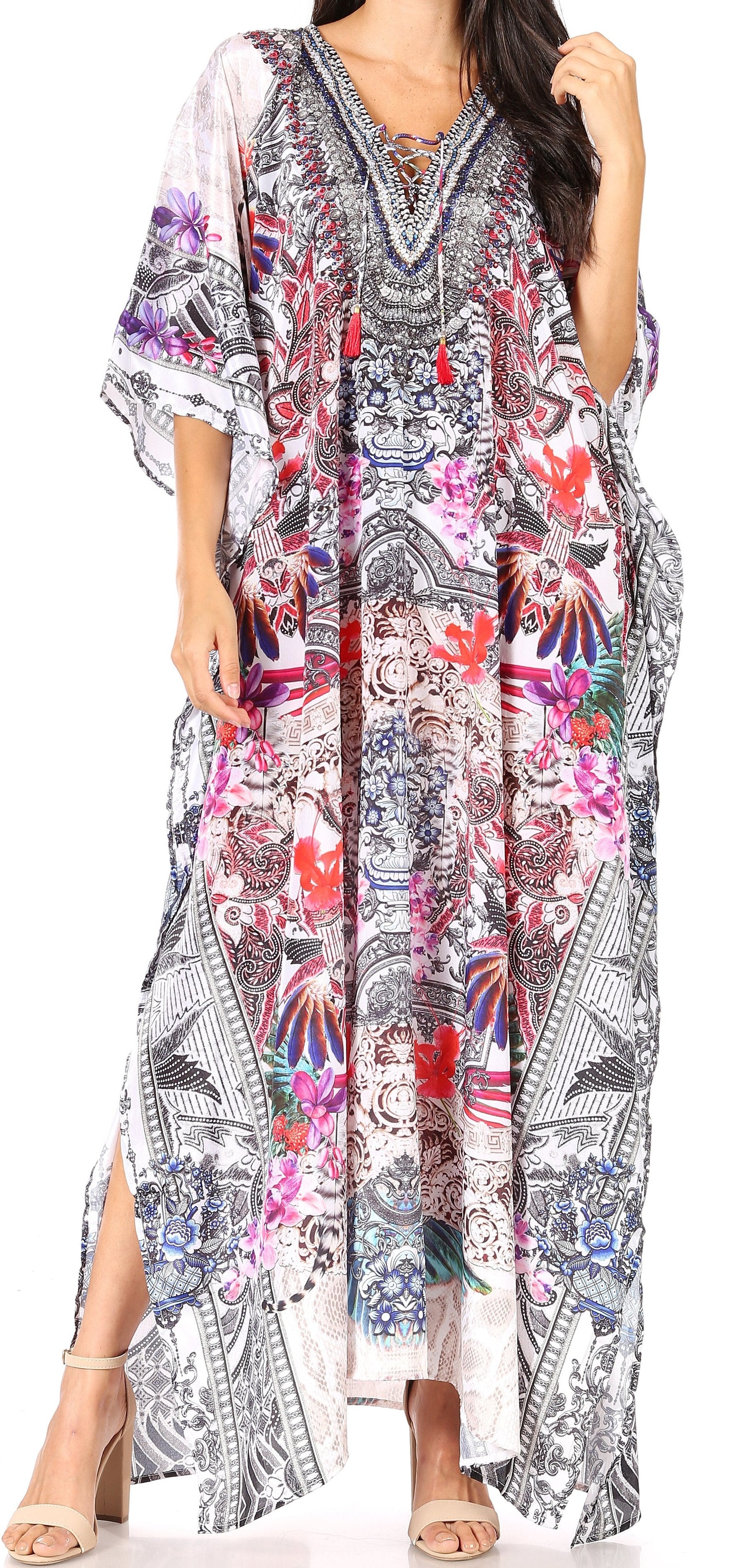 Sakkas Yeni Women's Short Sleeve V-neck Summer Floral Long Caftan Dress Cover-up