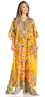 Sakkas Yeni Women's Short Sleeve V-neck Summer Floral Long Caftan Dress Cover-up