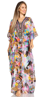 Sakkas Yeni Women's Short Sleeve V-neck Summer Floral Long Caftan Dress Cover-up