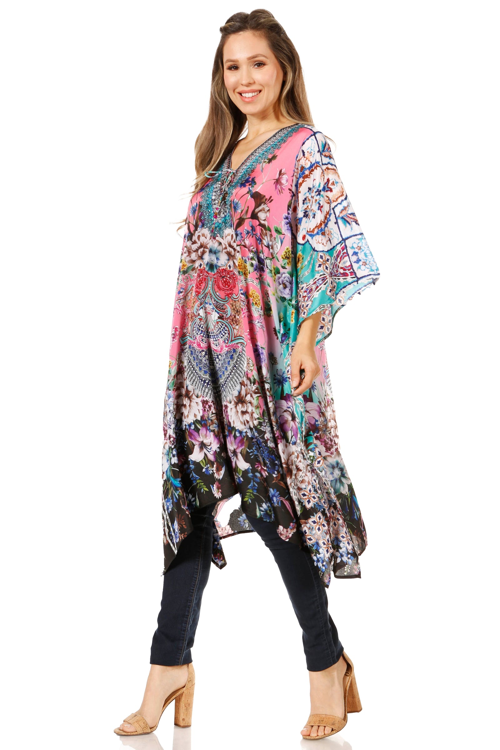 Vestido caftán Sakkas Zeni de verano con estampado floral y cuello en V y manga corta para mujer
