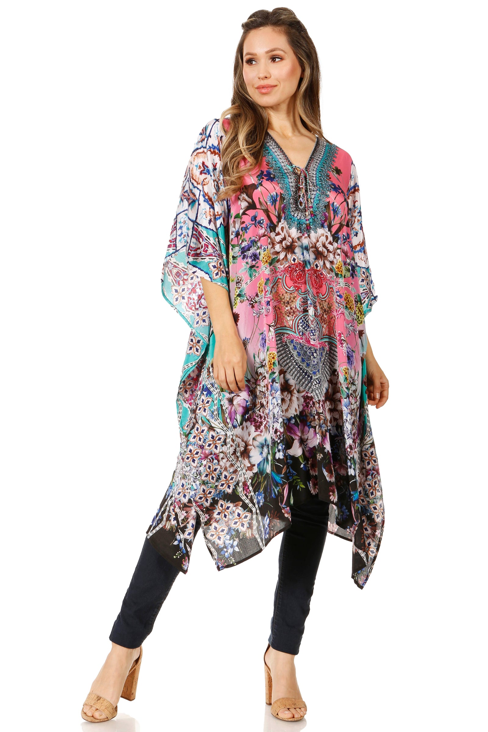 Vestido caftán Sakkas Zeni de verano con estampado floral y cuello en V y manga corta para mujer
