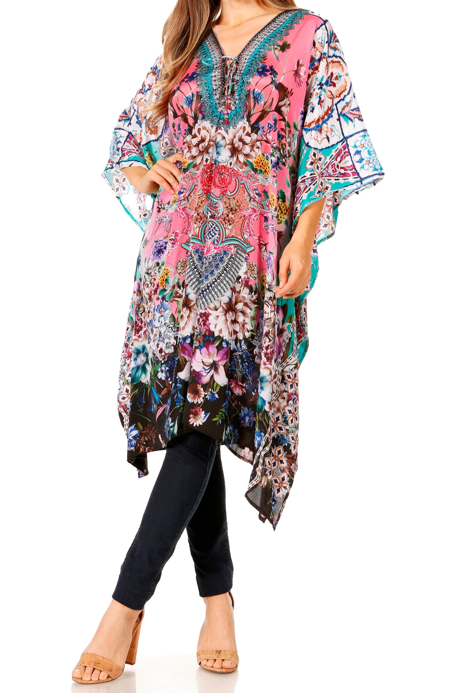 Vestido caftán Sakkas Zeni de verano con estampado floral y cuello en V y manga corta para mujer