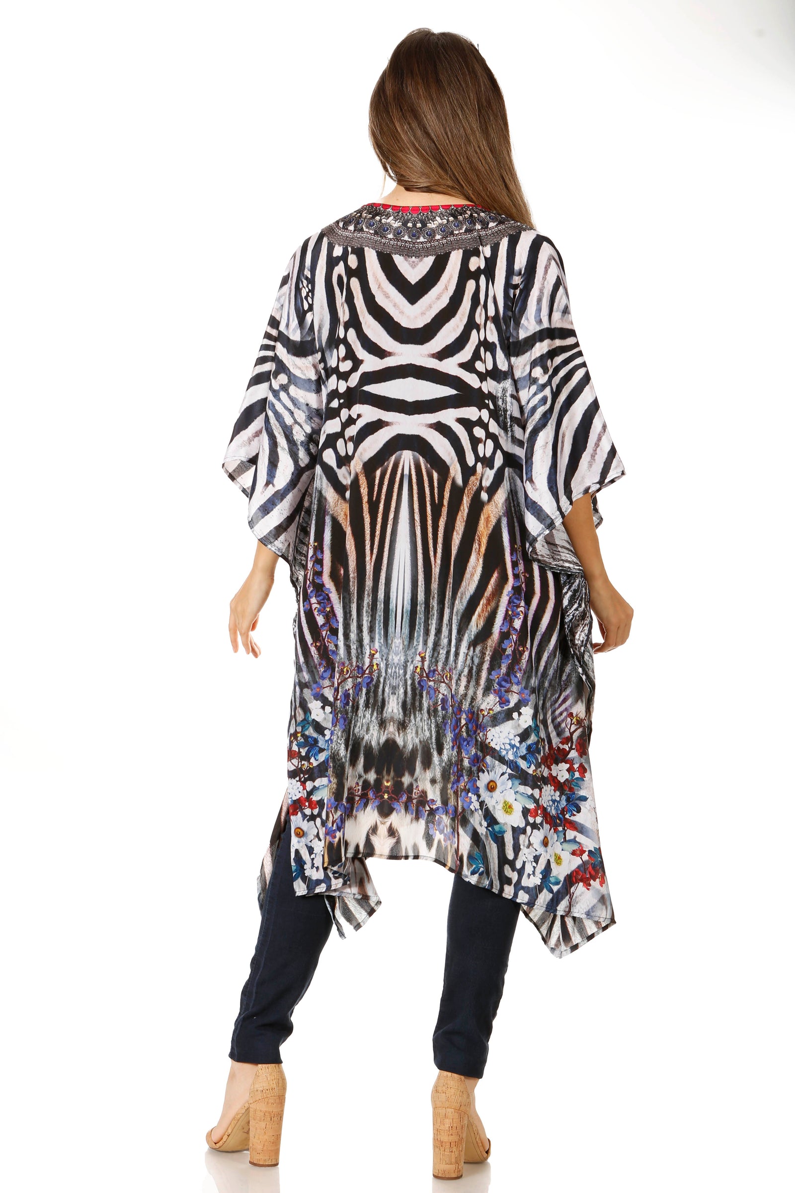 Vestido caftán Sakkas Zeni de verano con estampado floral y cuello en V y manga corta para mujer