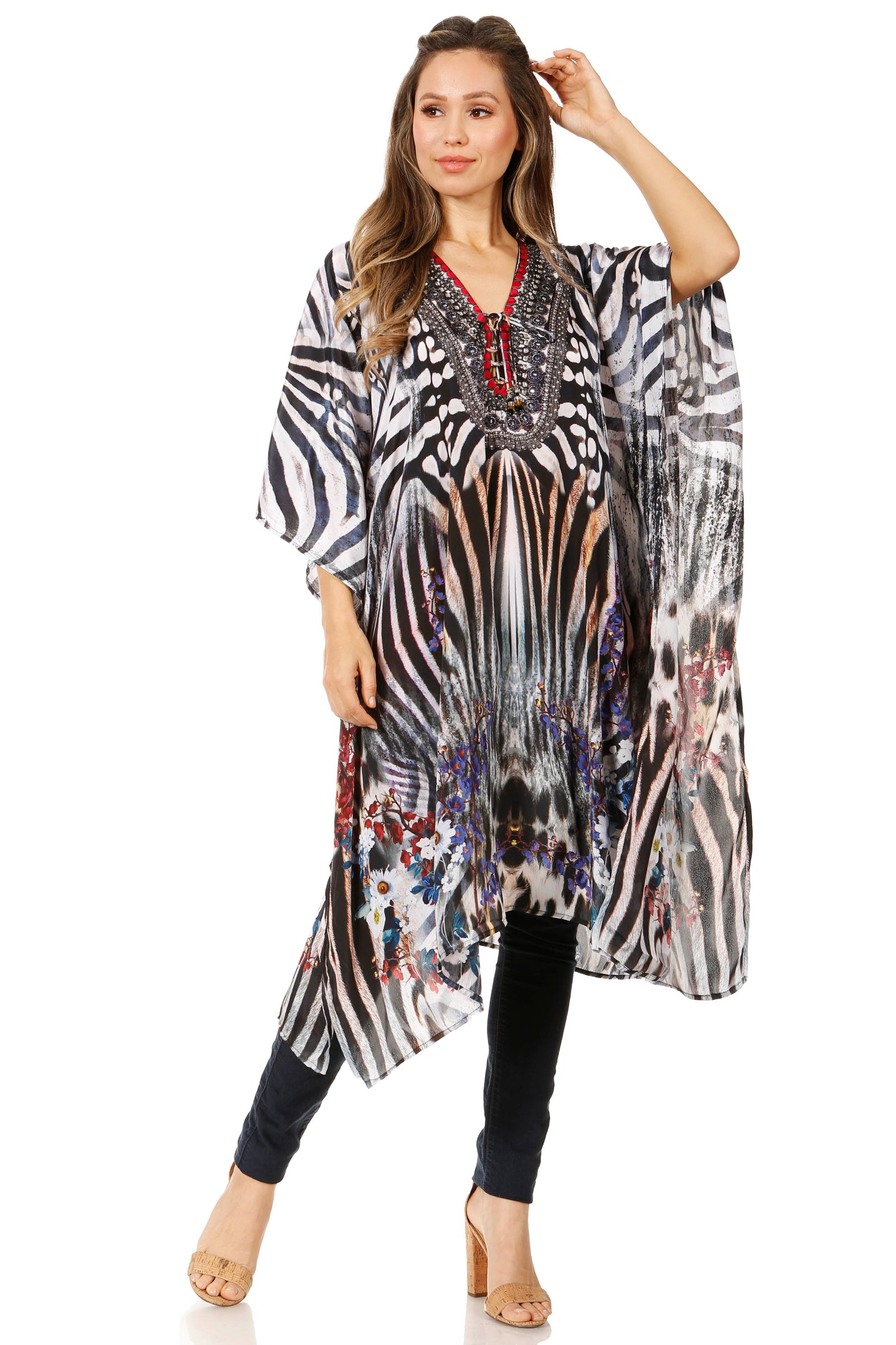 Vestido caftán Sakkas Zeni de verano con estampado floral y cuello en V y manga corta para mujer