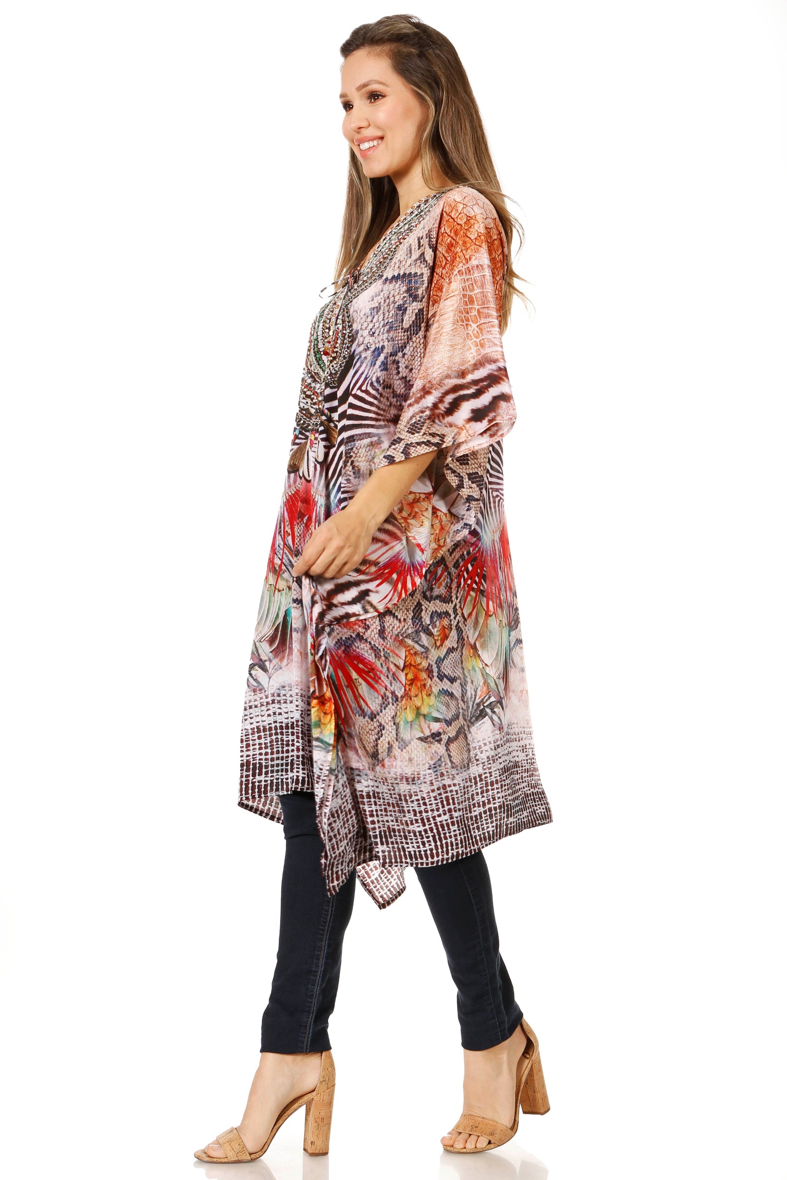 Vestido caftán Sakkas Zeni de verano con estampado floral y cuello en V y manga corta para mujer