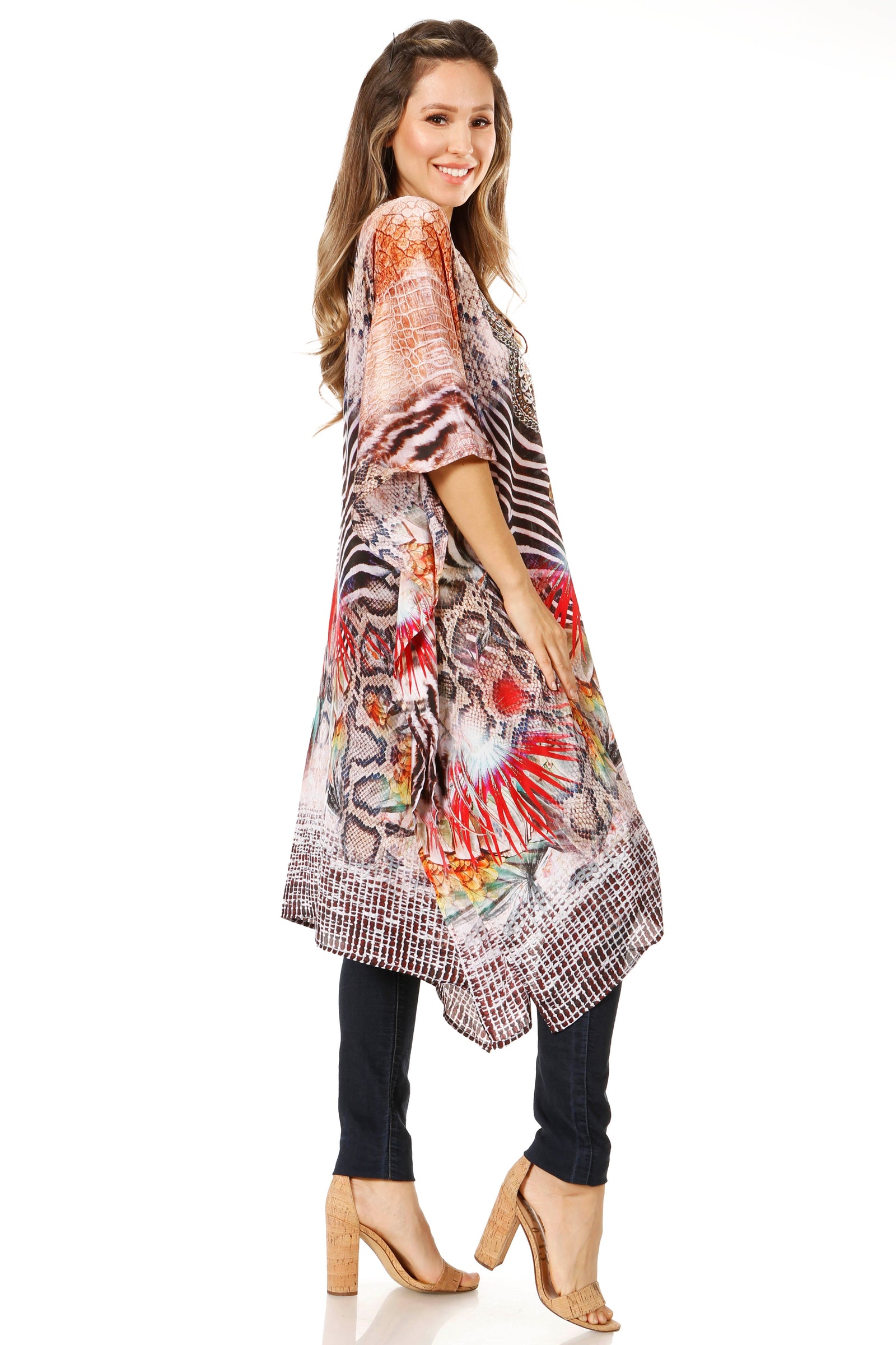 Vestido caftán Sakkas Zeni de verano con estampado floral y cuello en V y manga corta para mujer