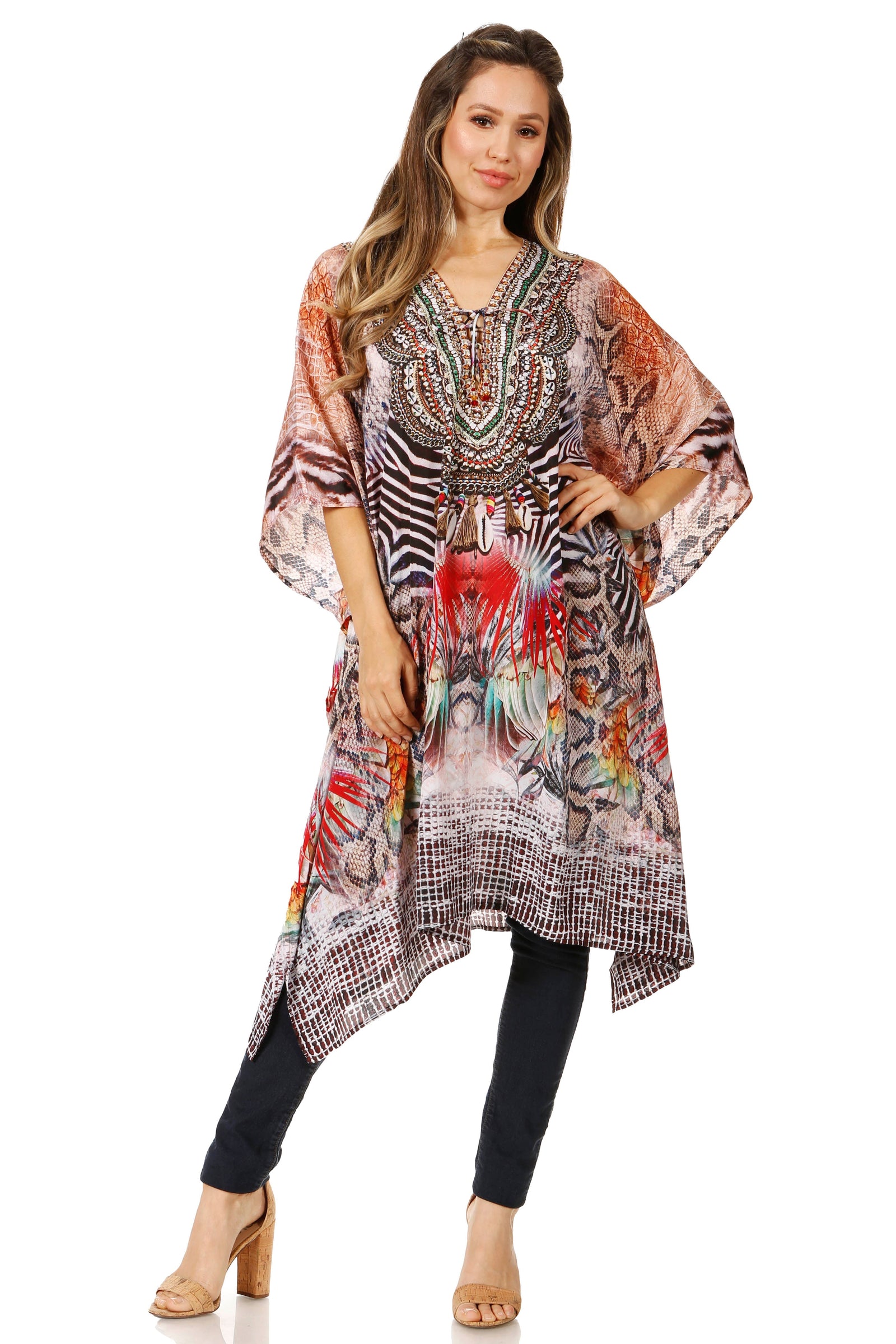 Vestido caftán Sakkas Zeni de verano con estampado floral y cuello en V y manga corta para mujer