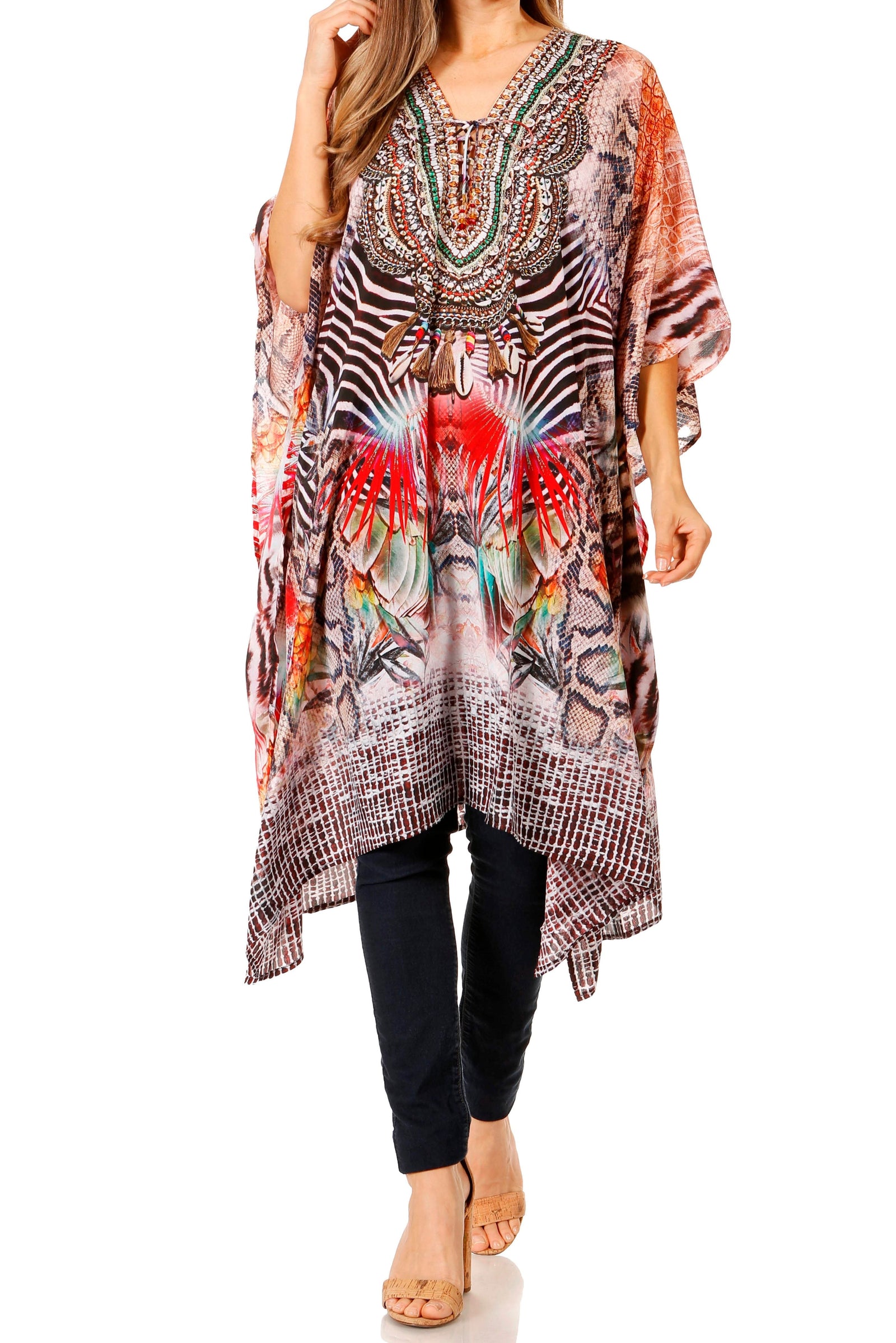 Vestido caftán Sakkas Zeni de verano con estampado floral y cuello en V y manga corta para mujer