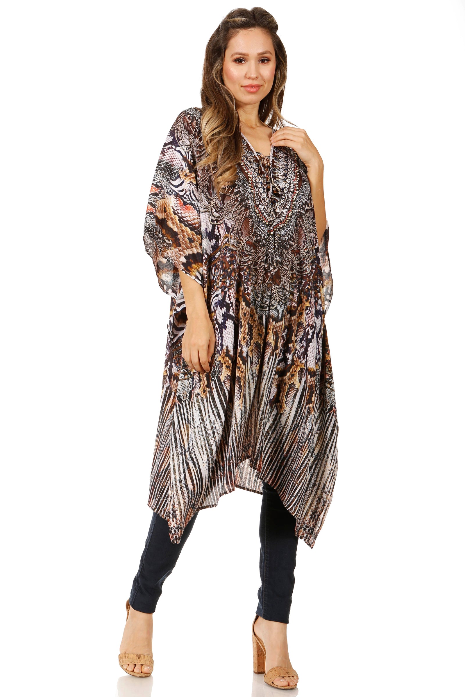 Vestido caftán Sakkas Zeni de verano con estampado floral y cuello en V y manga corta para mujer