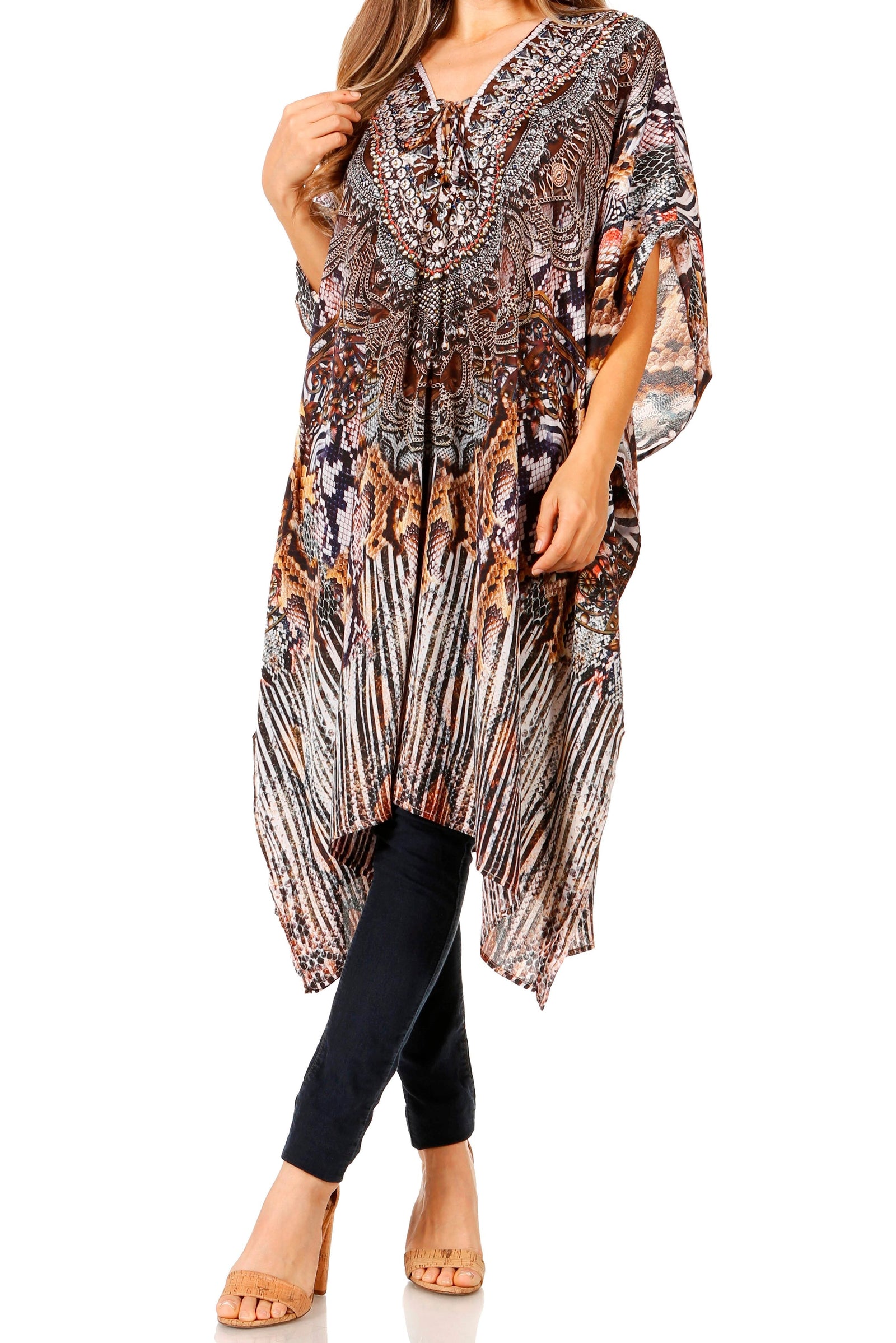 Vestido caftán Sakkas Zeni de verano con estampado floral y cuello en V y manga corta para mujer