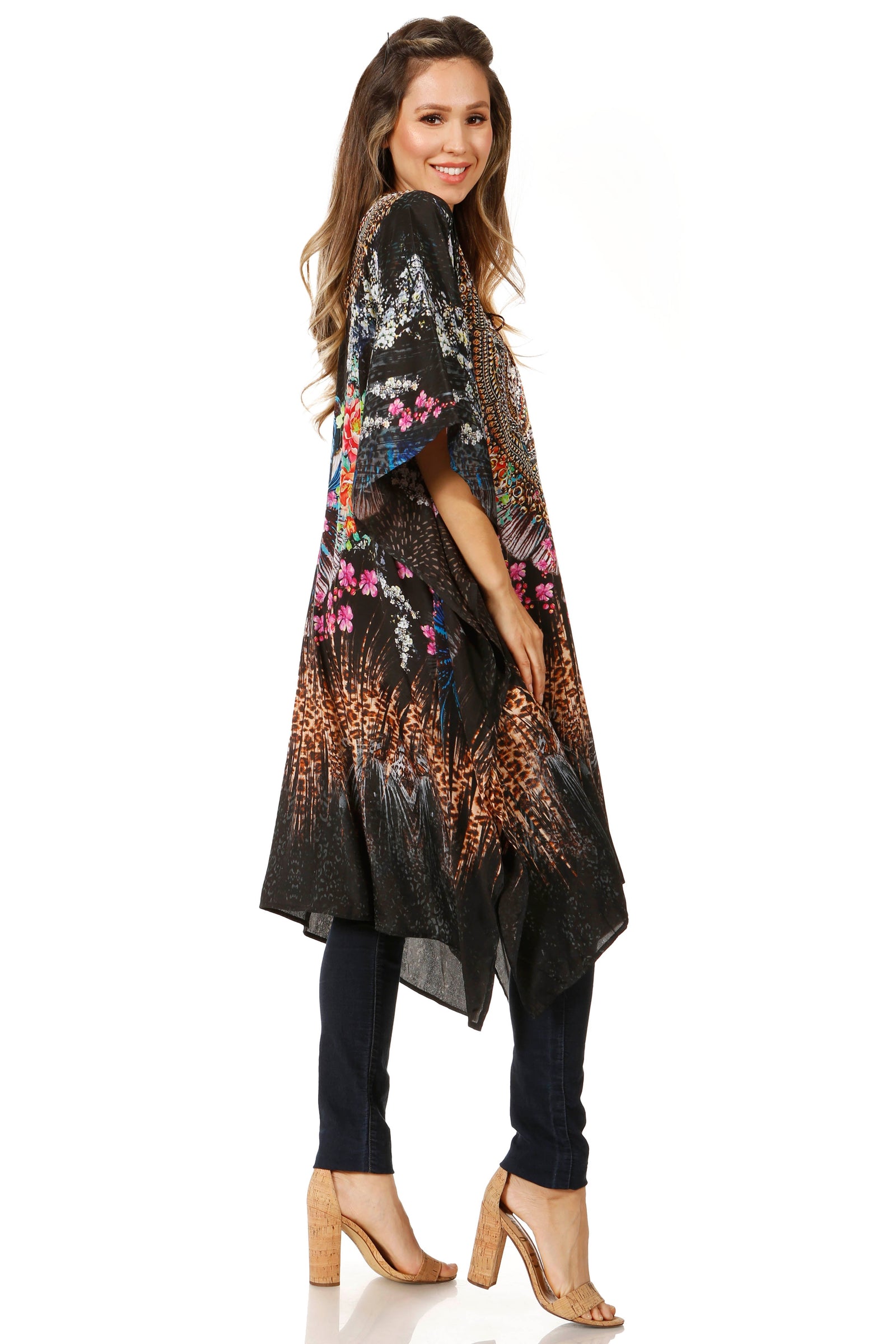 Vestido caftán Sakkas Zeni de verano con estampado floral y cuello en V y manga corta para mujer