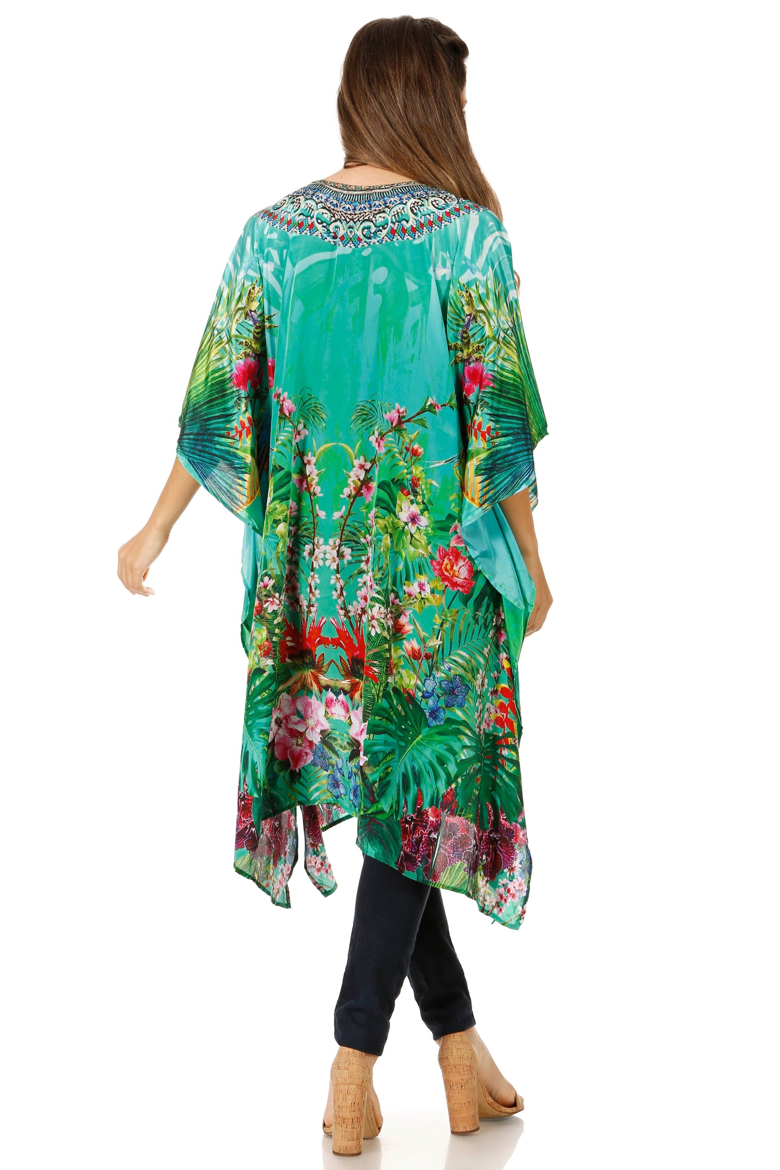 Vestido caftán Sakkas Zeni de verano con estampado floral y cuello en V y manga corta para mujer